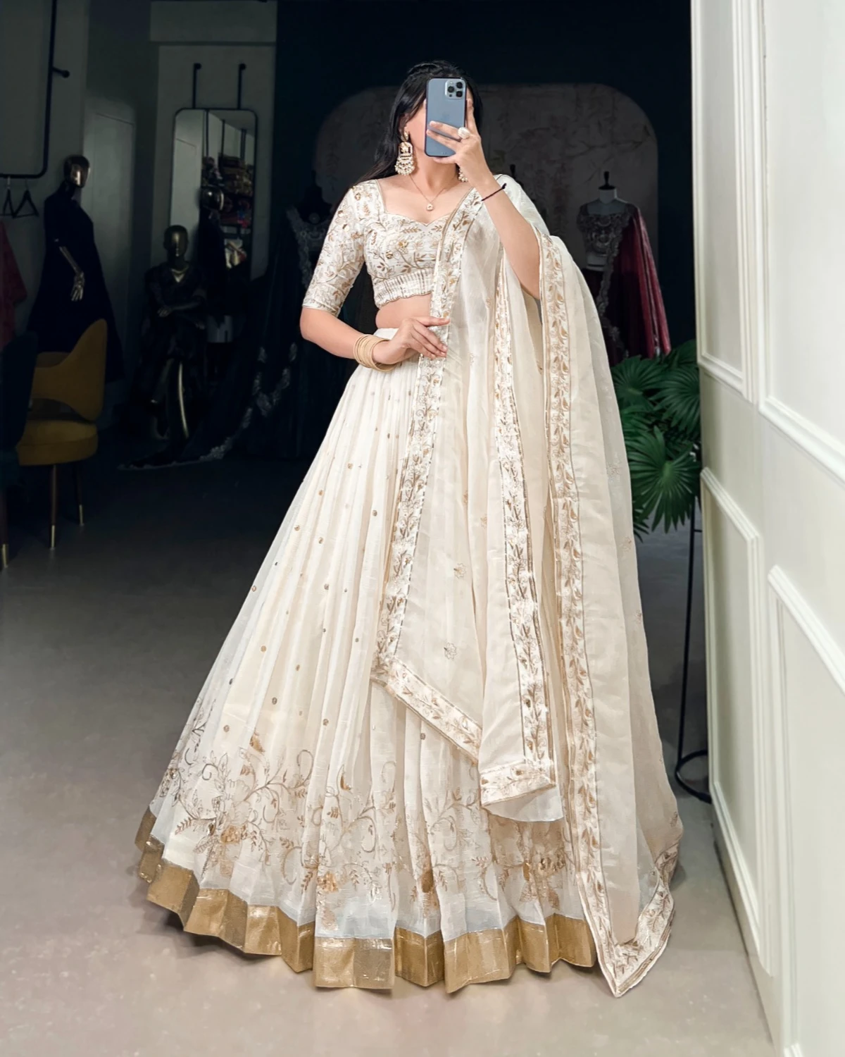 Festive Off-White Lehenga Set with Sequins and Foil Work