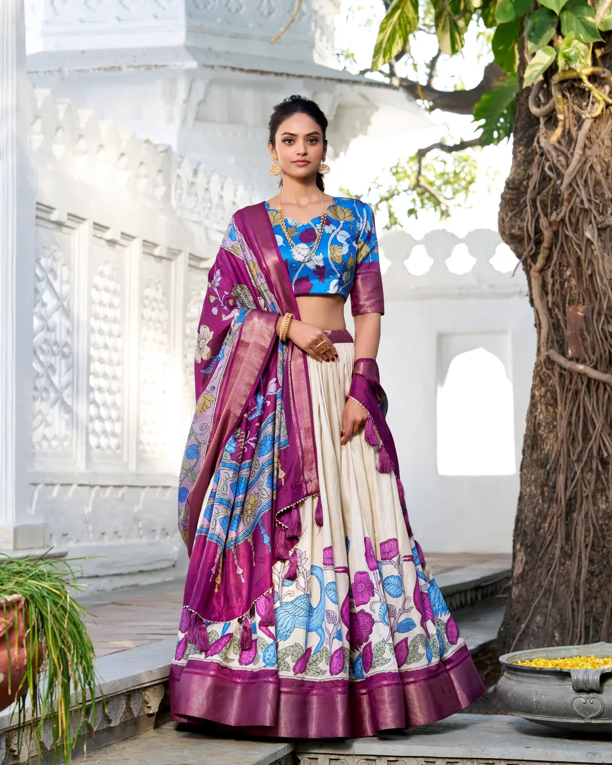 Elegant Kalamkari Dola Silk Lehenga Choli with Zari Border
