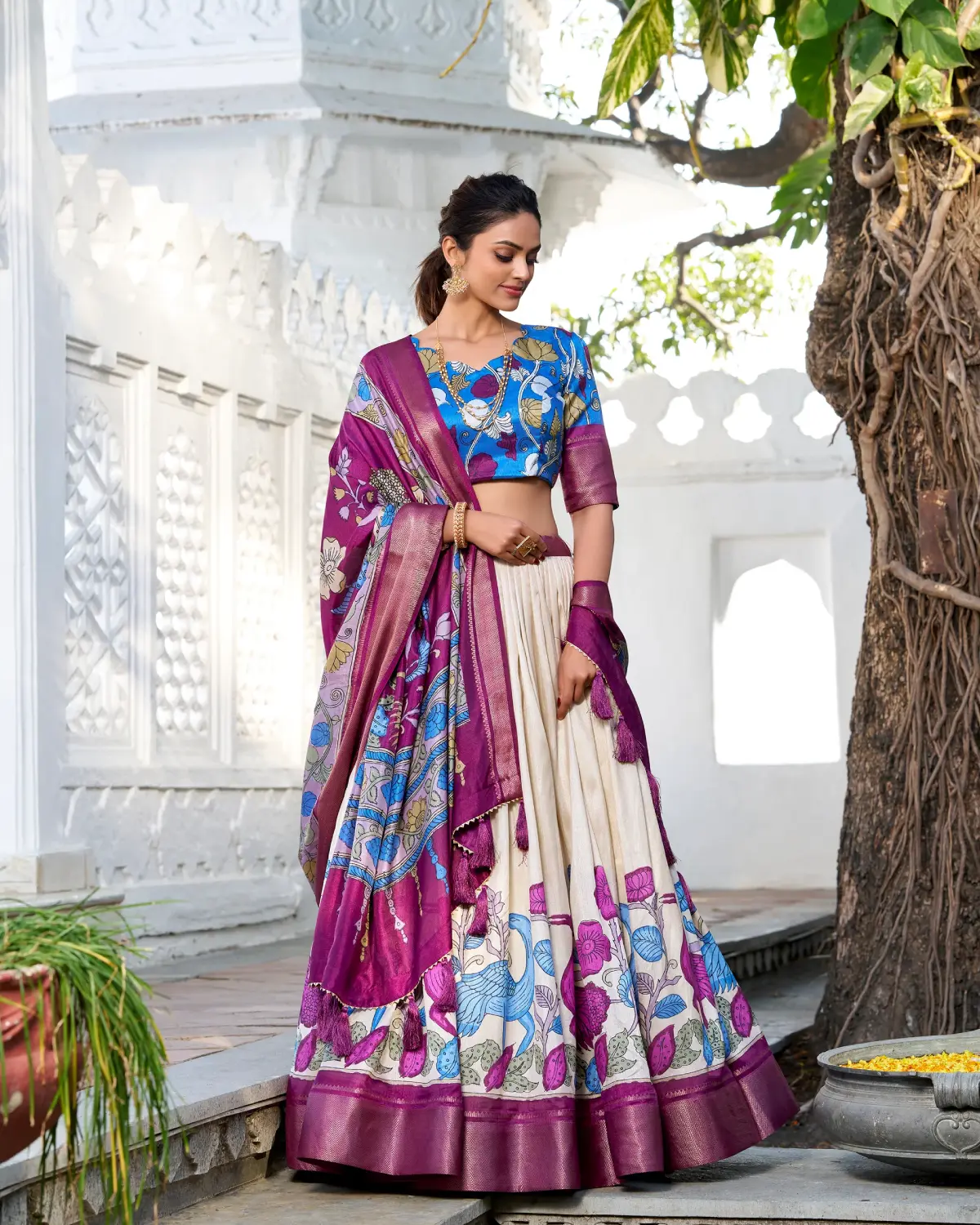 Elegant Kalamkari Dola Silk Lehenga Choli with Zari Border