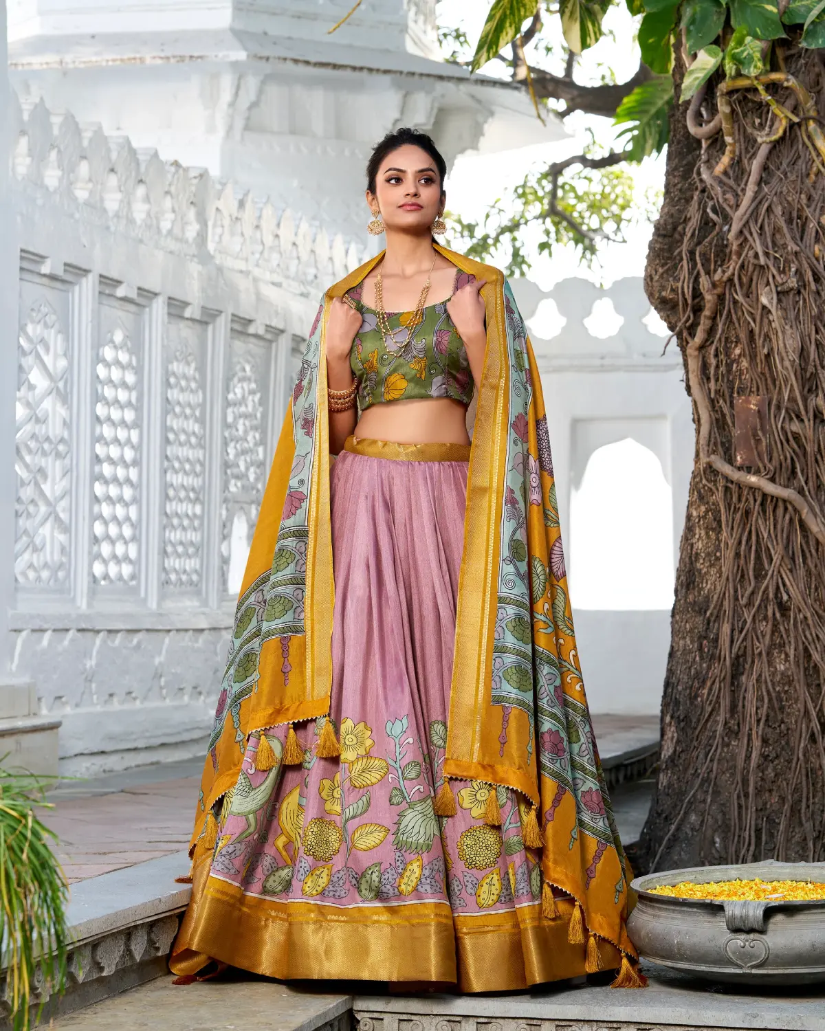 Elegant Kalamkari Dola Silk Lehenga Choli with Zari Border