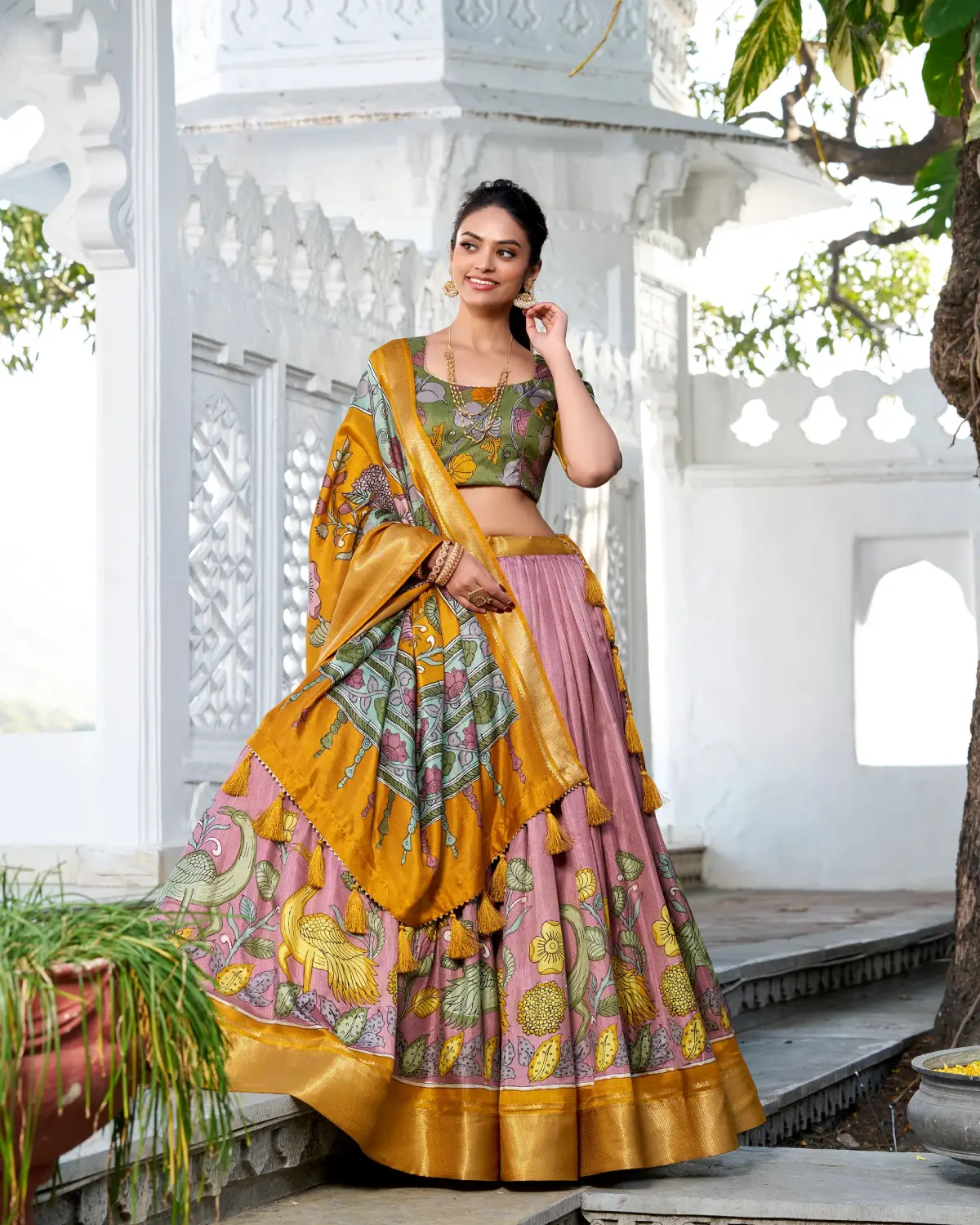 Elegant Kalamkari Dola Silk Lehenga Choli with Zari Border