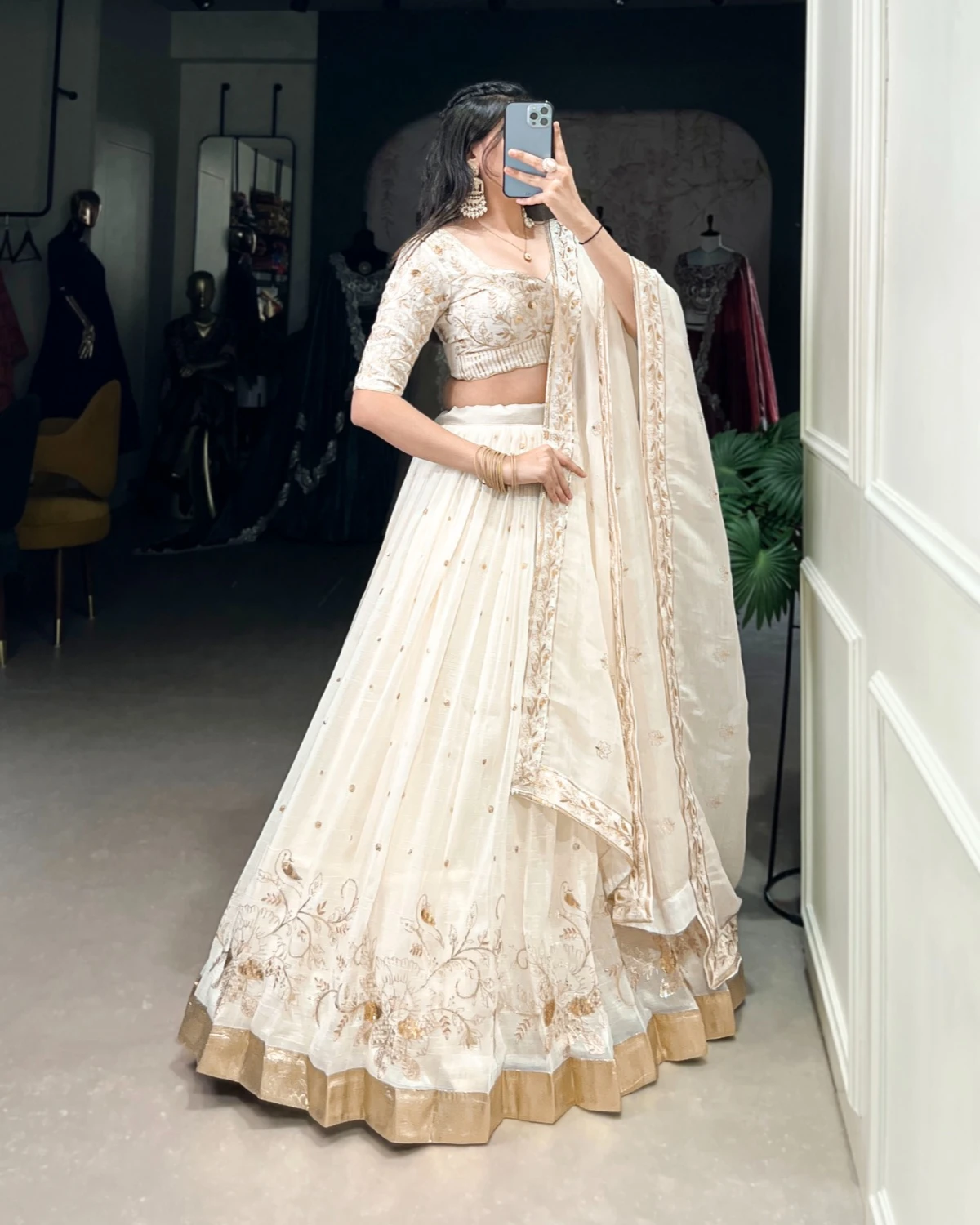 Festive Off-White Lehenga Set with Sequins and Foil Work