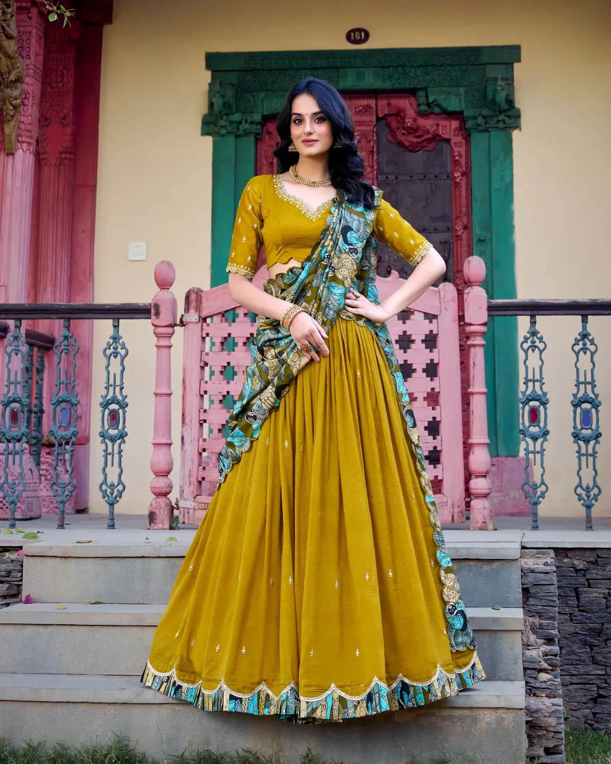 Vichitra Silk Lehenga Choli with Kalamkari Print Dupatta