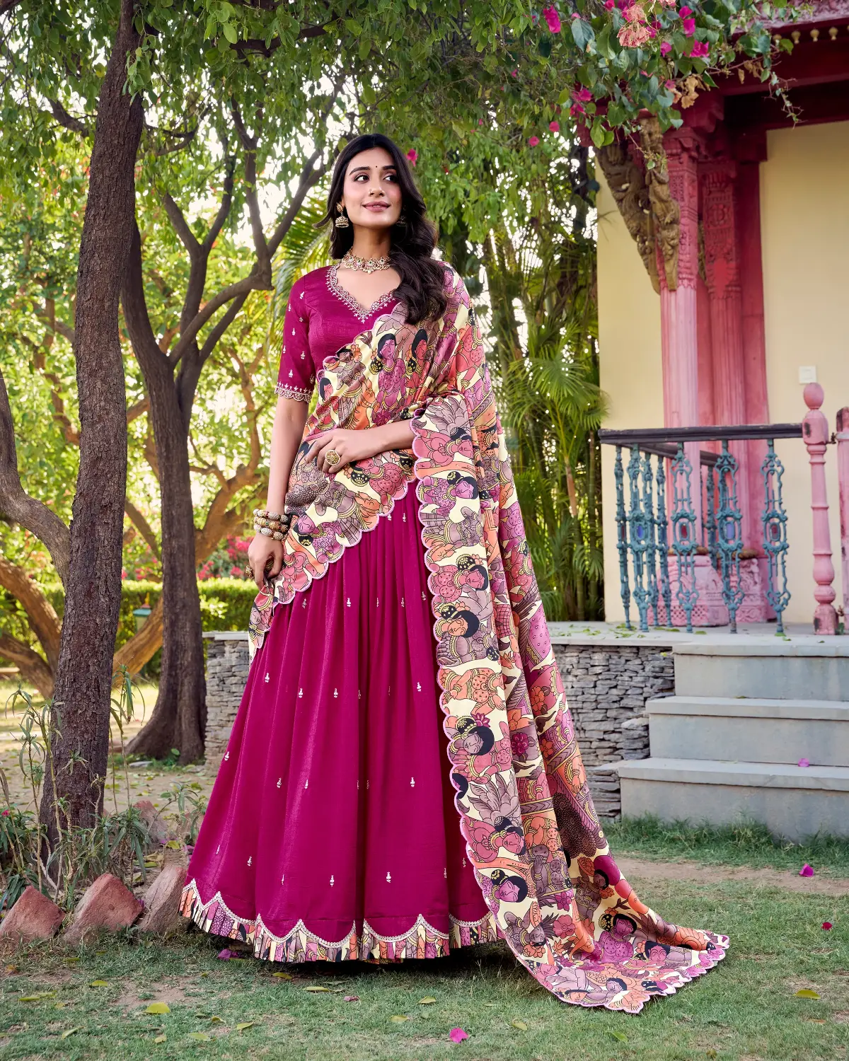 Vichitra Silk Lehenga Choli with Kalamkari Print Dupatta