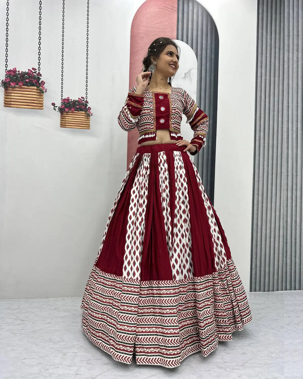 Navratri Glow: Cotton Ajarakh Lehenga Choli with Mirror Work