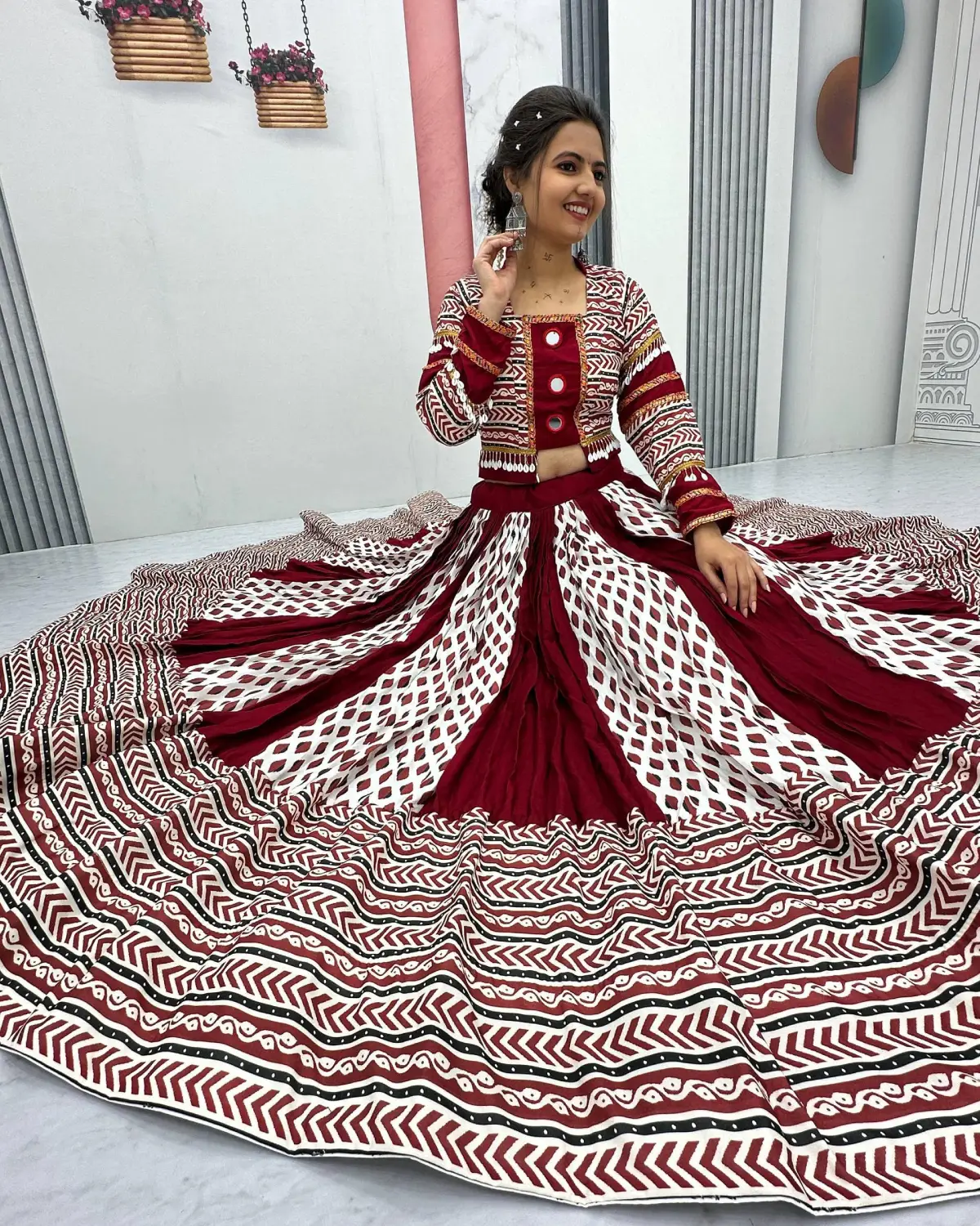 Navratri Glow: Cotton Ajarakh Lehenga Choli with Mirror Work