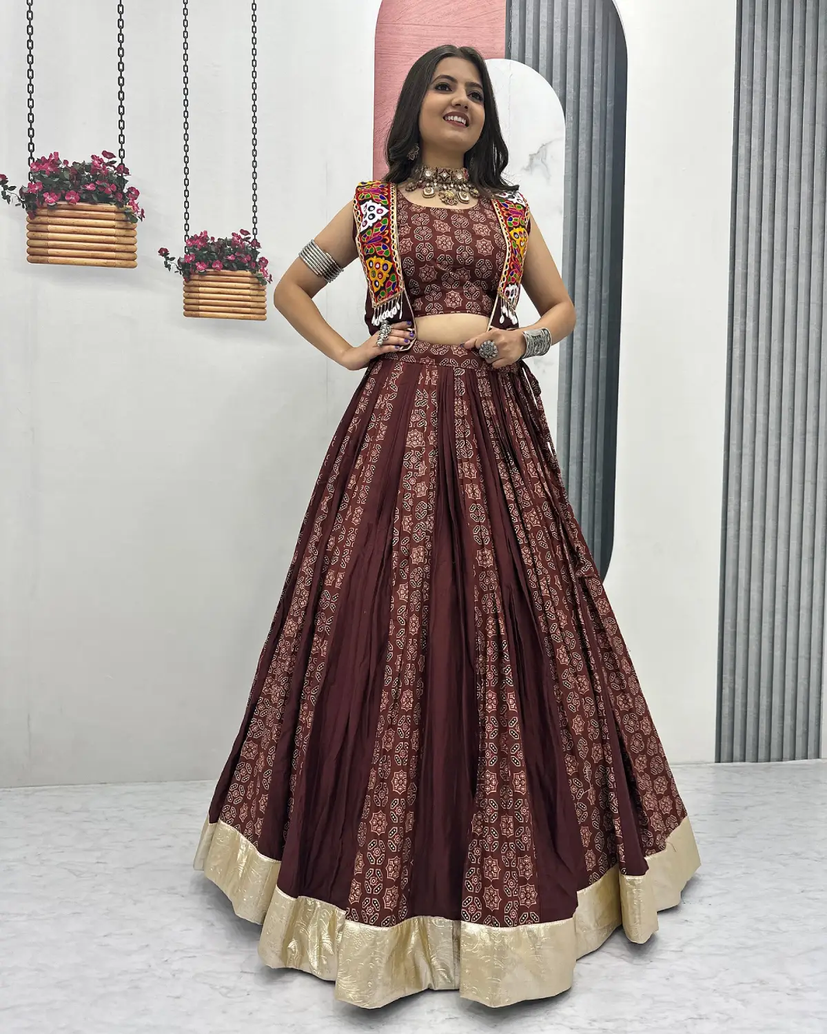 Vibrant Navratri Cotton Lehenga with Ajrakh Print & Gamthi Work