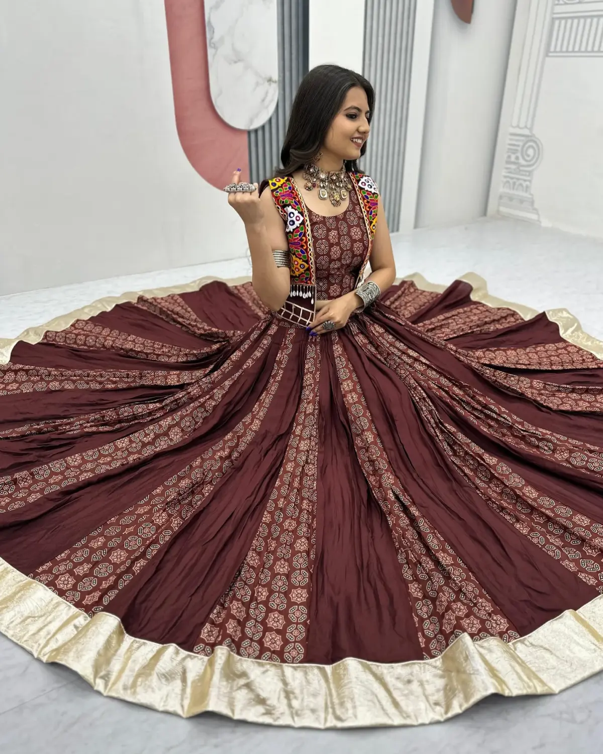 Vibrant Navratri Cotton Lehenga with Ajrakh Print & Gamthi Work