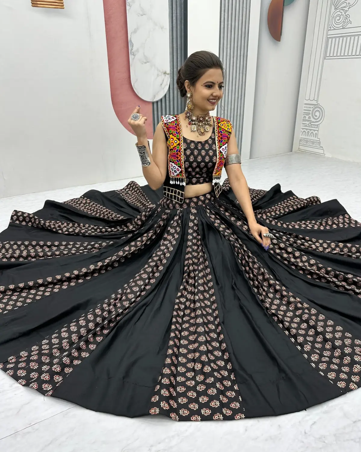 Vibrant Navratri Cotton Lehenga with Ajrakh Print & Gamthi Work