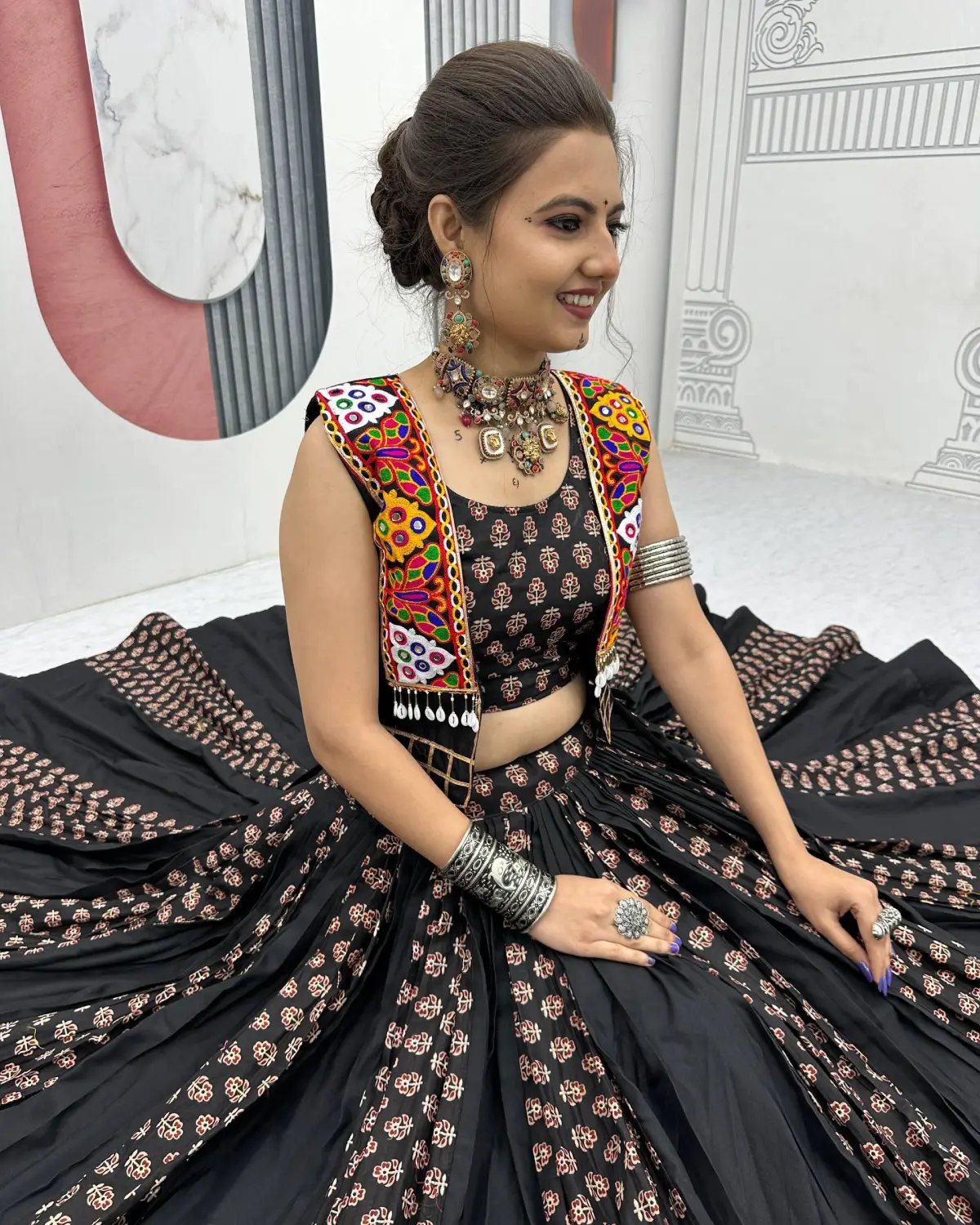 Vibrant Navratri Cotton Lehenga with Ajrakh Print & Gamthi Work