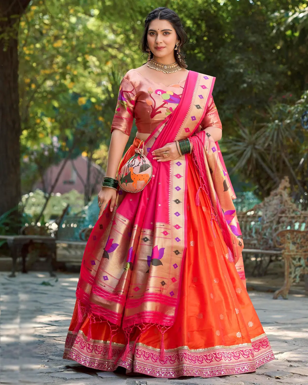 Maharashtrian Paithani Silk Lehenga Choli with Zari Work