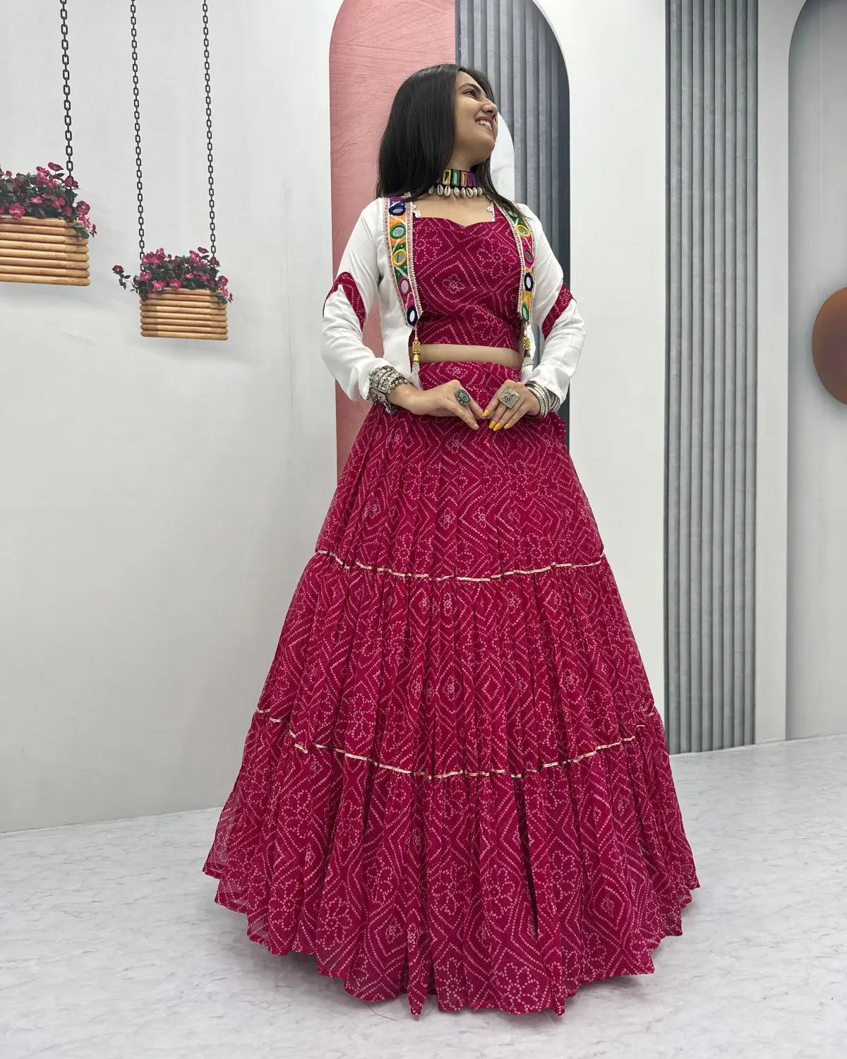 Festive Radiance: Bandhej Georgette Lehenga with Mirror Work