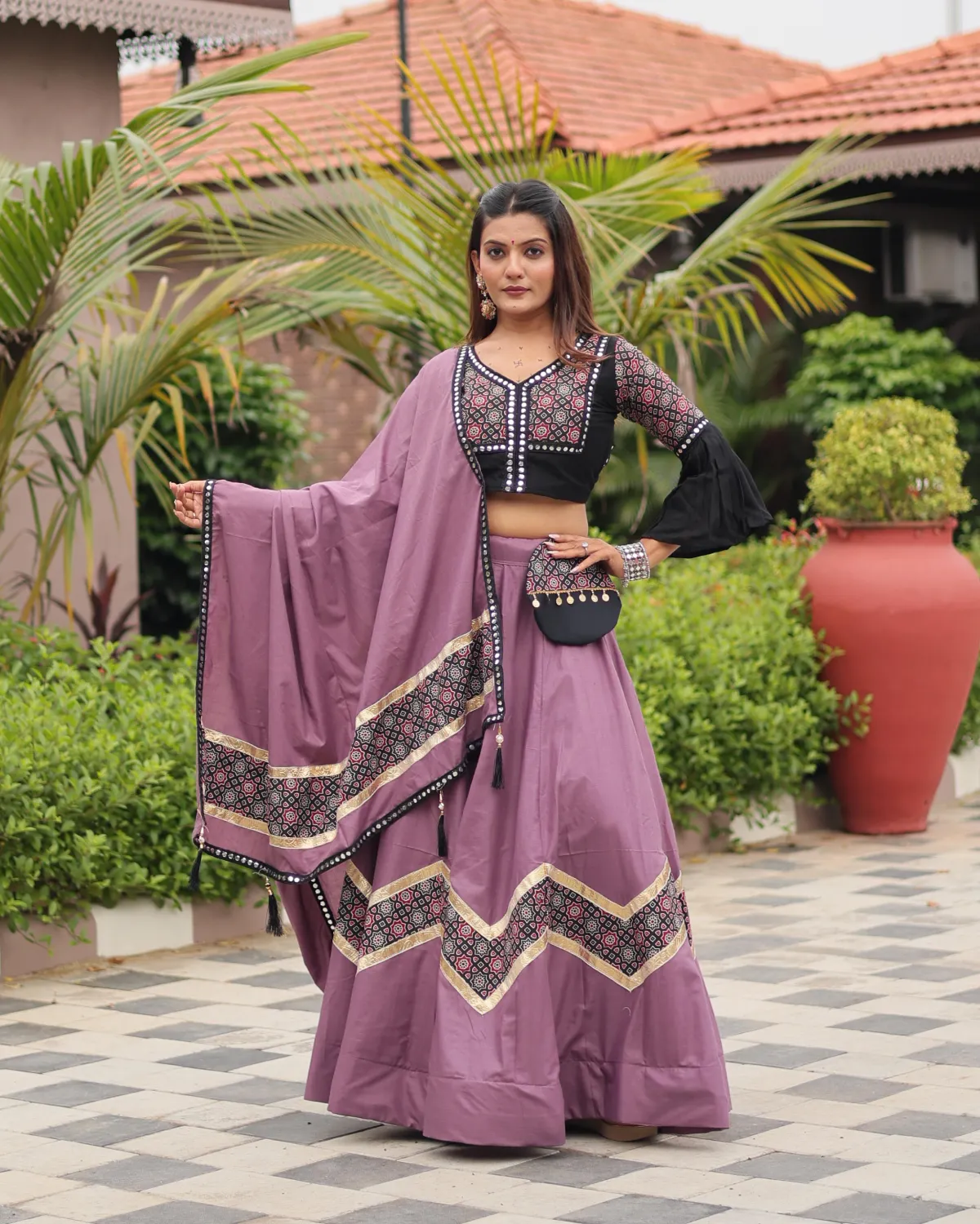 Festive Ajarakh Work Lehenga Choli Set with Dupatta & Latkan