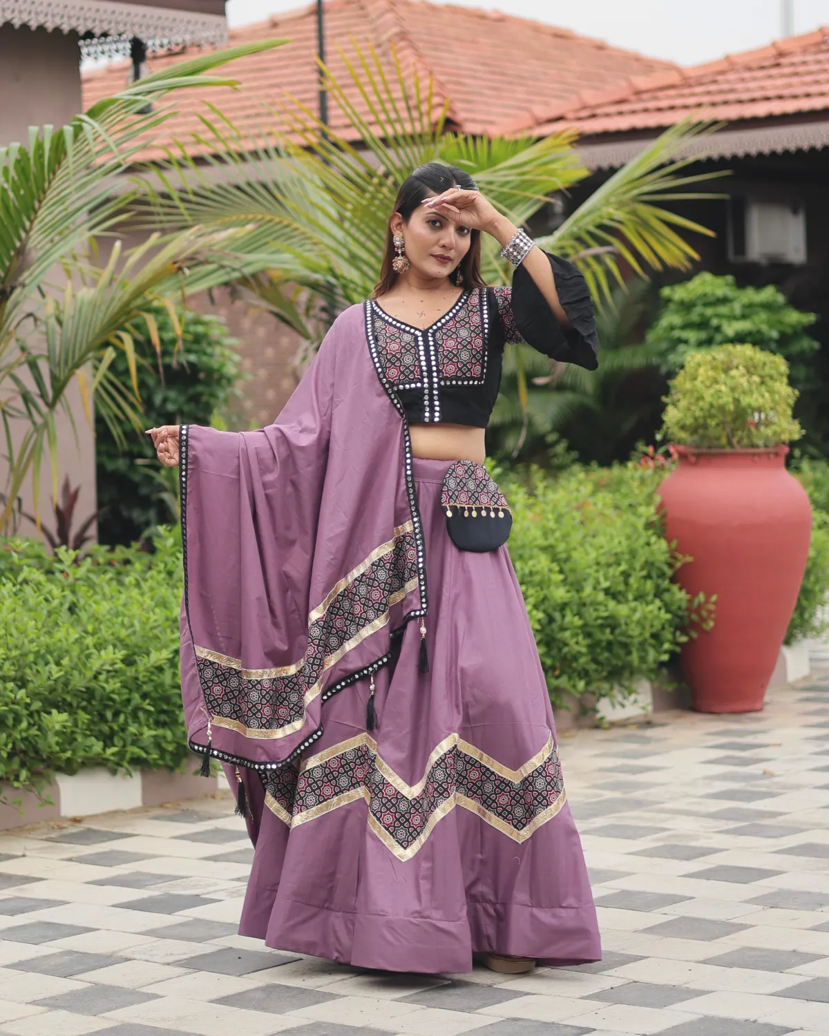 Festive Ajarakh Work Lehenga Choli Set with Dupatta & Latkan