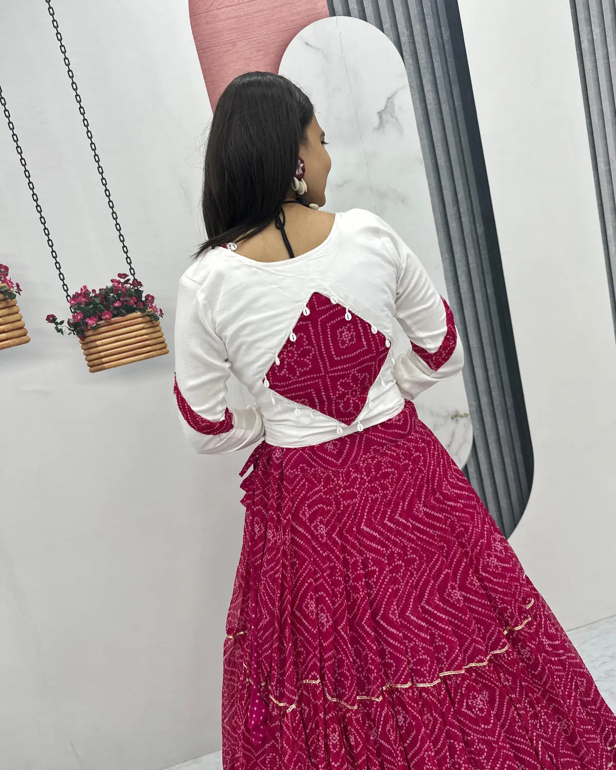 Festive Radiance: Bandhej Georgette Lehenga with Mirror Work