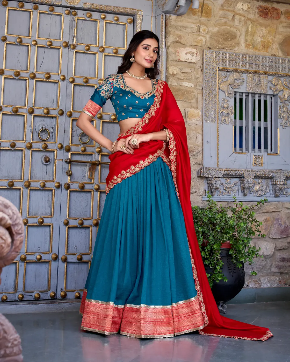Vichitra Silk Lehenga Choli Set with Canvas Stitch Finish