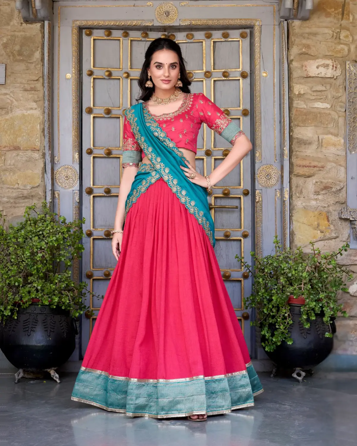Vichitra Silk Lehenga Choli Set with Canvas Stitch Finish
