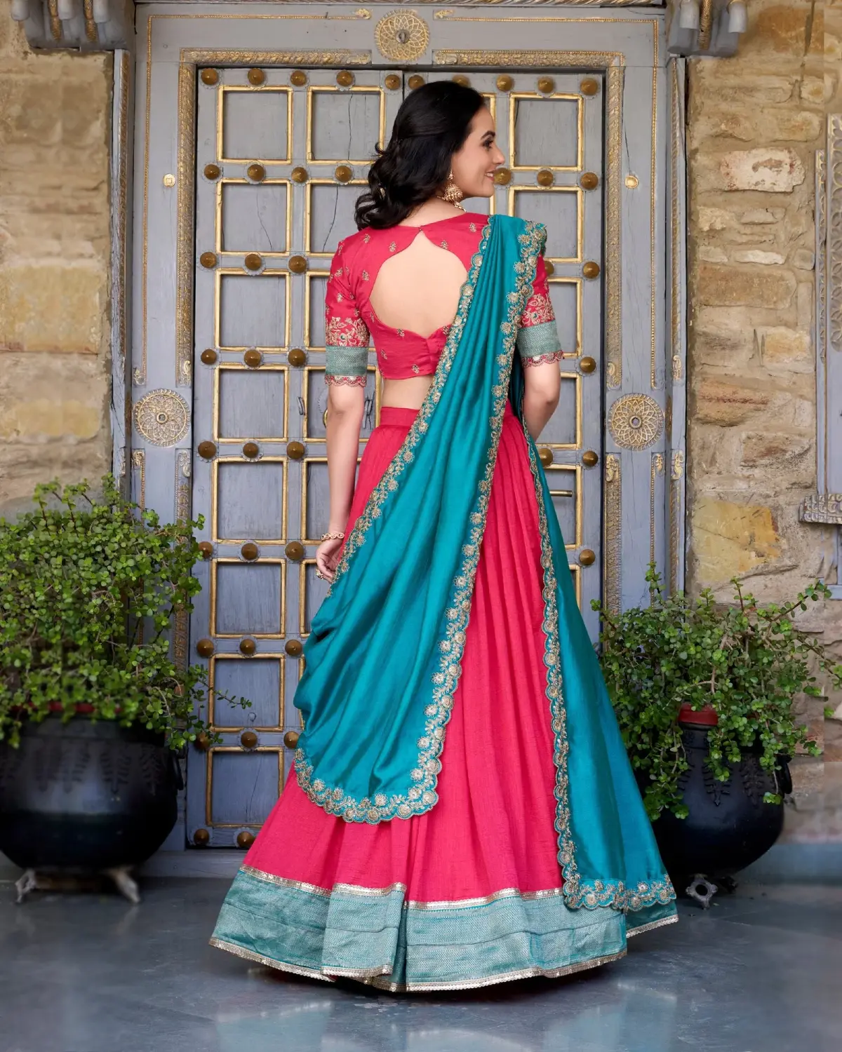 Vichitra Silk Lehenga Choli Set with Canvas Stitch Finish