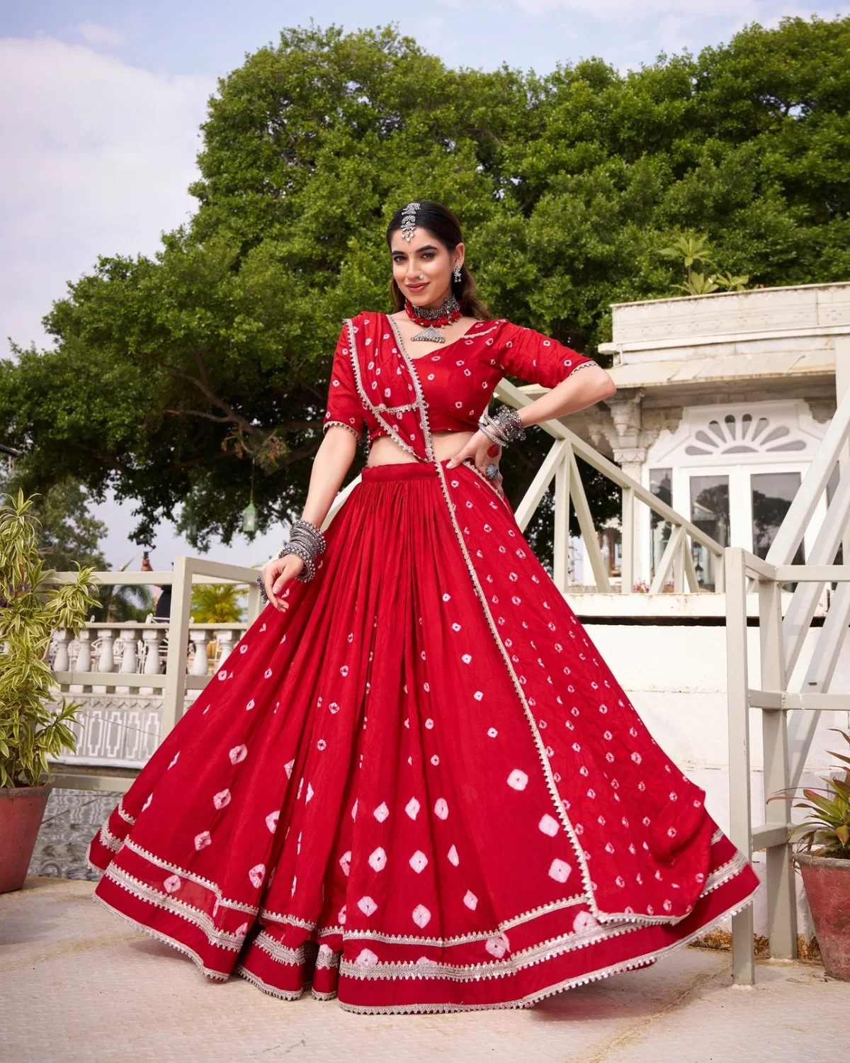 Elegant Bandhej Chanderi Lehenga Choli Set with Dupatta