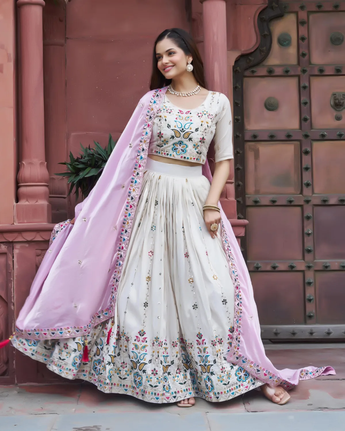 Off-White Mirror Work Georgette Lehenga Choli with Silk Dupatta