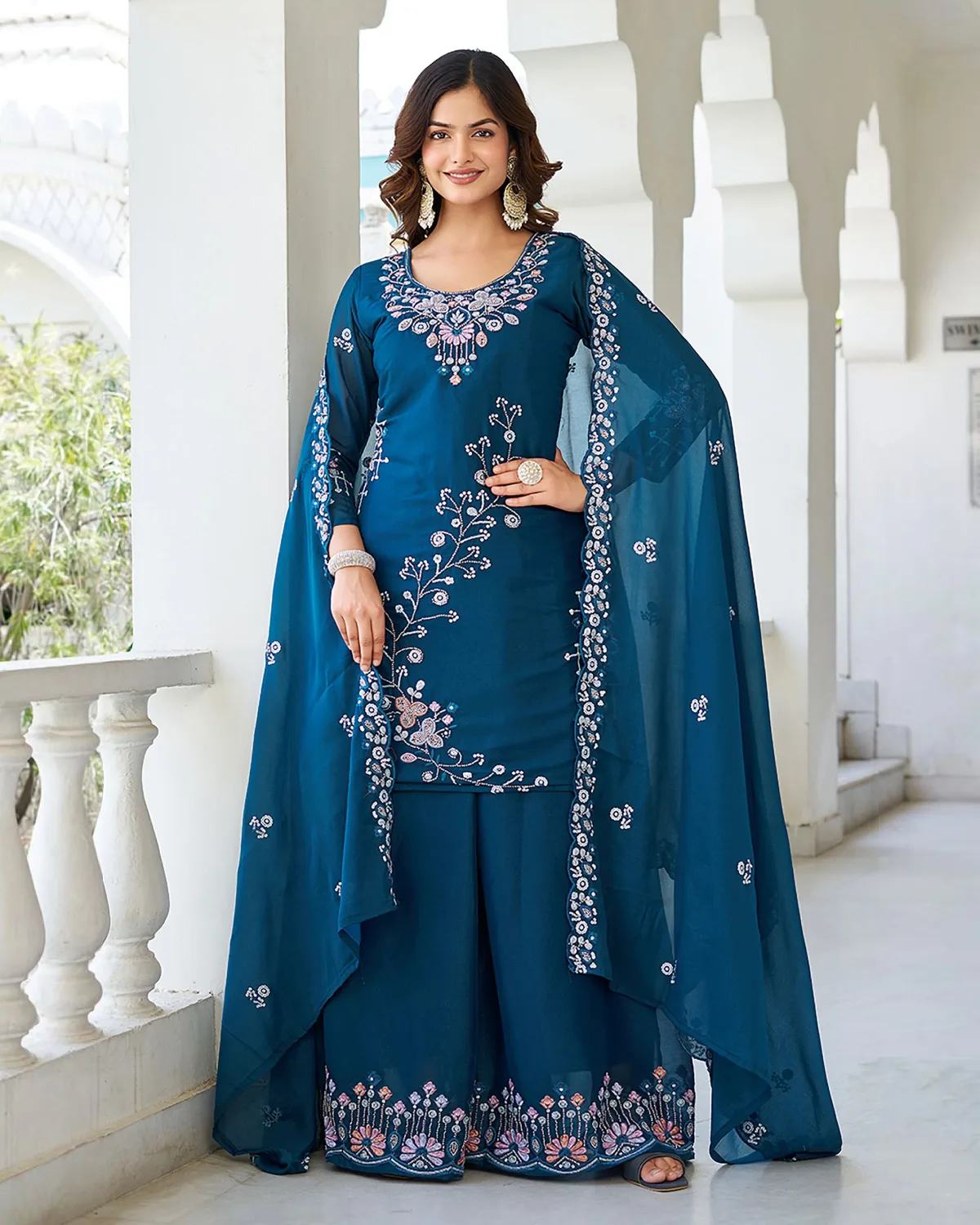 Glamour Threads Designer Kurti Plazzo Set with Moti Work