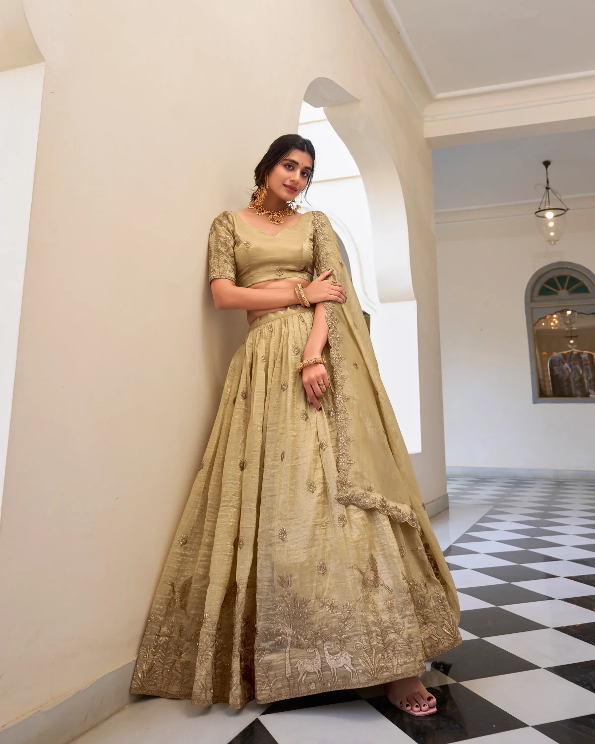 Golden Majesty: Bride’s Premium Gold Crush Lehenga Choli