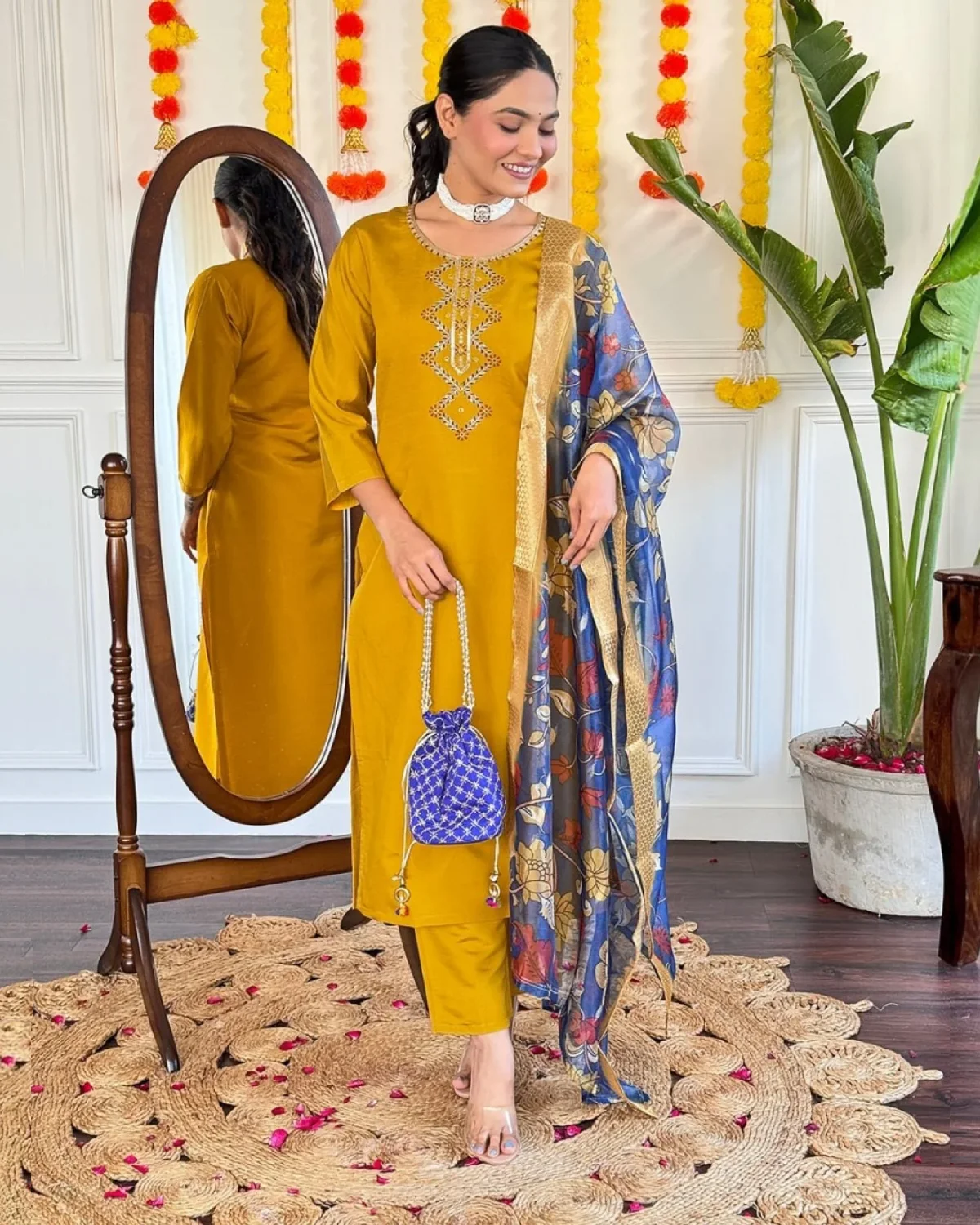Festive Glow: Mustard Yellow Chanderi Embroidered Kurti Set