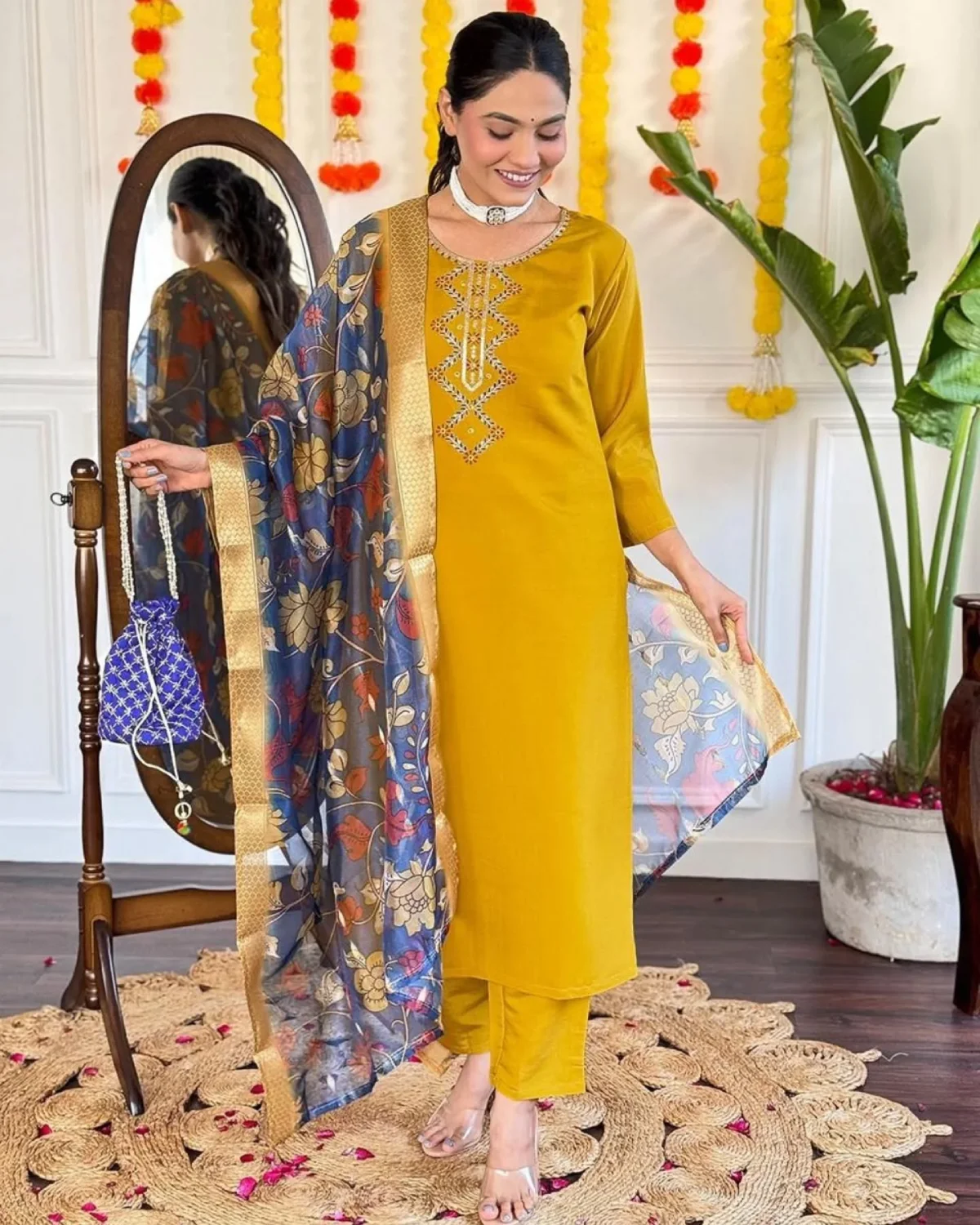 Festive Glow: Mustard Yellow Chanderi Embroidered Kurti Set