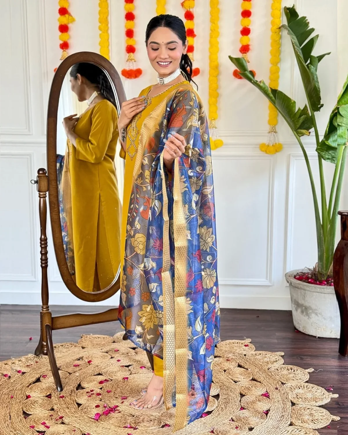 Festive Glow: Mustard Yellow Chanderi Embroidered Kurti Set