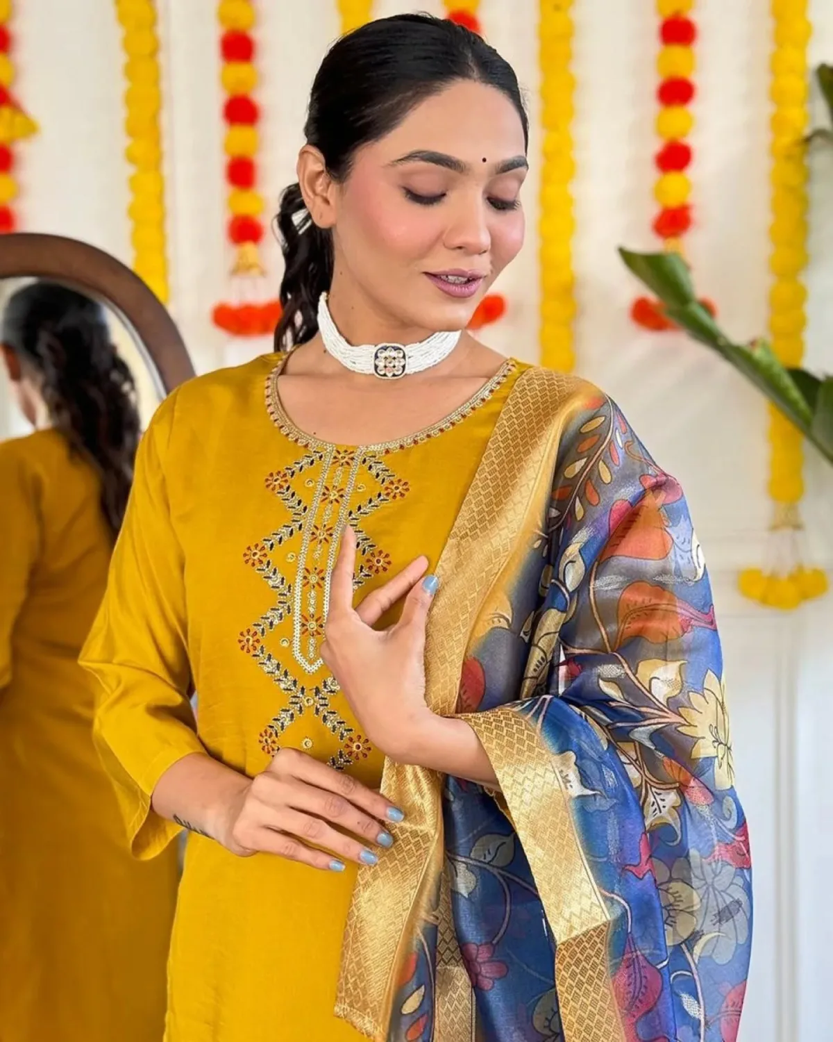 Festive Glow: Mustard Yellow Chanderi Embroidered Kurti Set