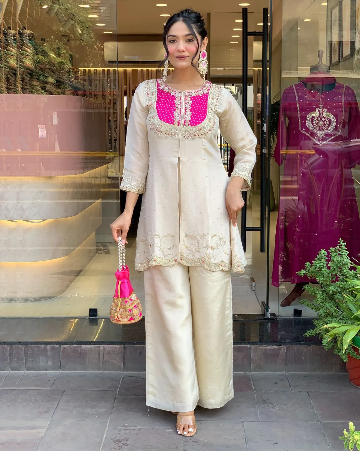 Luxury Cream Shimmer Kurta with Matching Palazzo Set