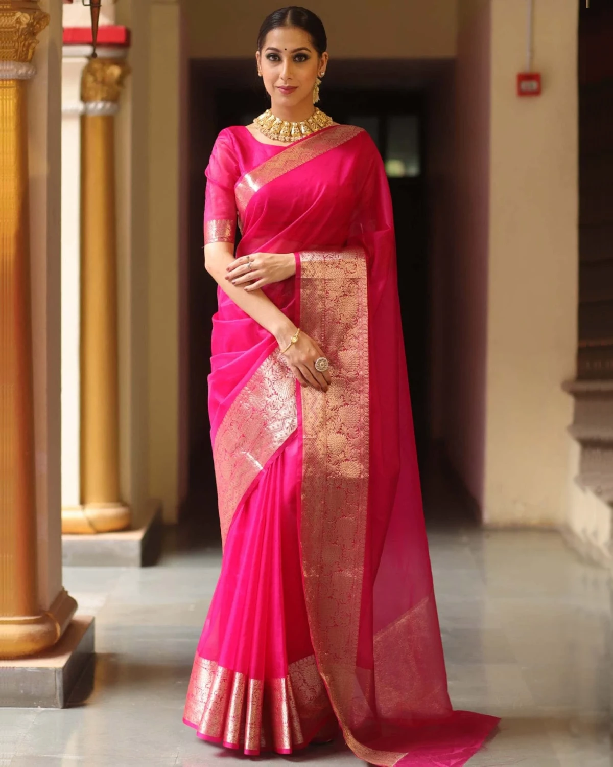 Golden Whisper Organza Banarasi Saree With Rich Zari Border