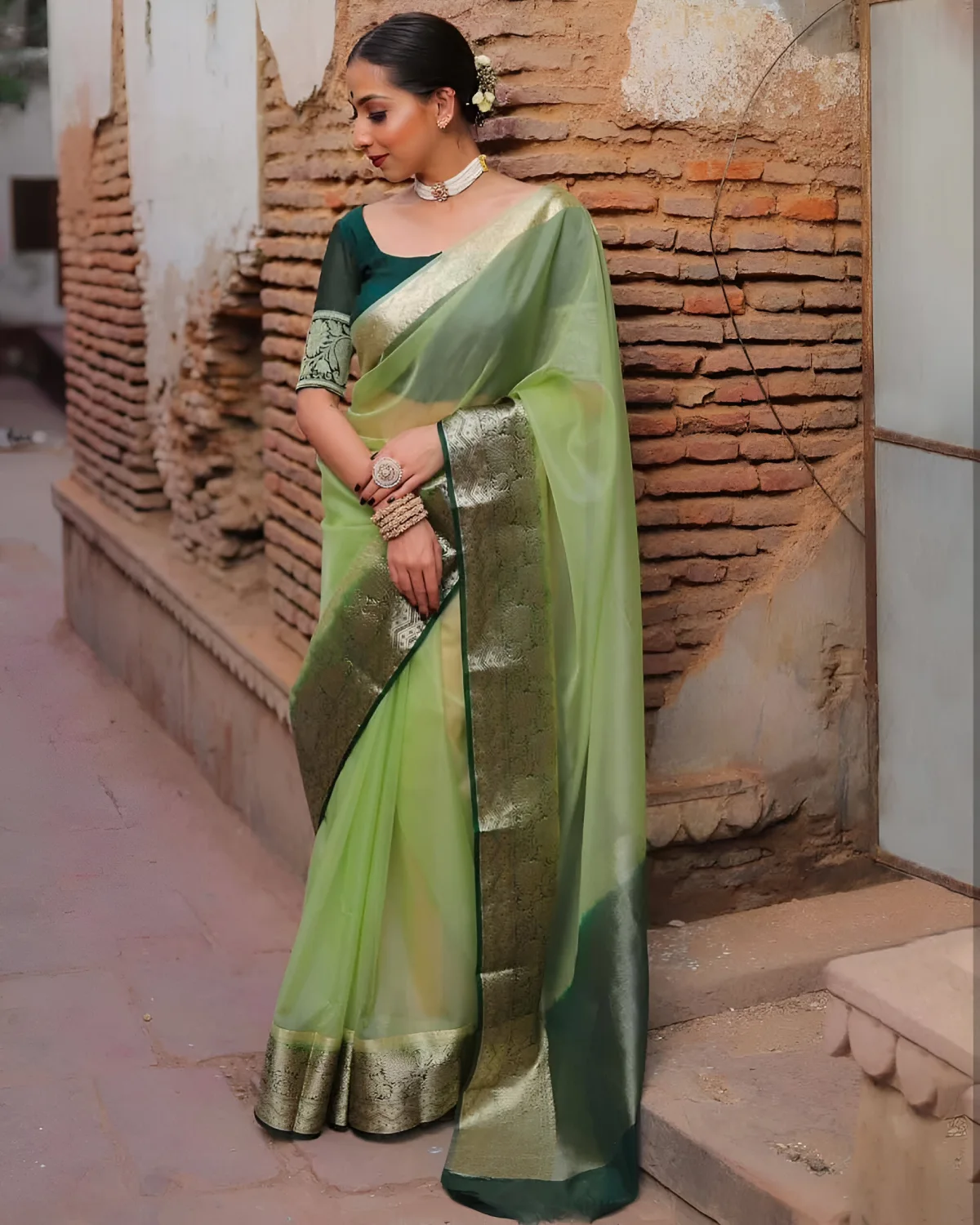 Golden Whisper Organza Banarasi Saree With Rich Zari Border