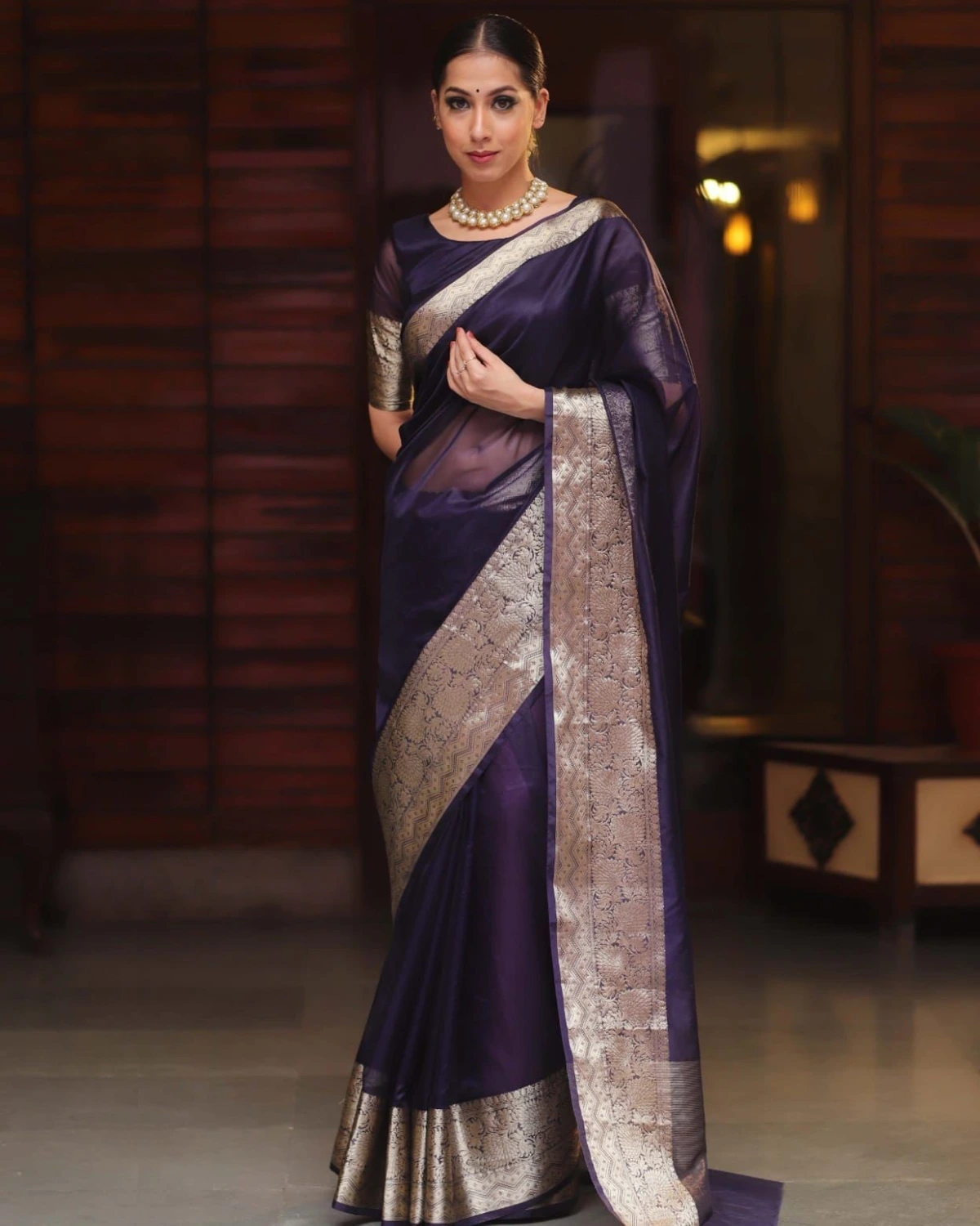 Golden Whisper Organza Banarasi Saree With Rich Zari Border