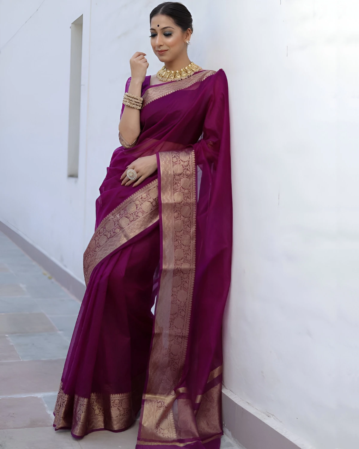 Golden Whisper Organza Banarasi Saree With Rich Zari Border