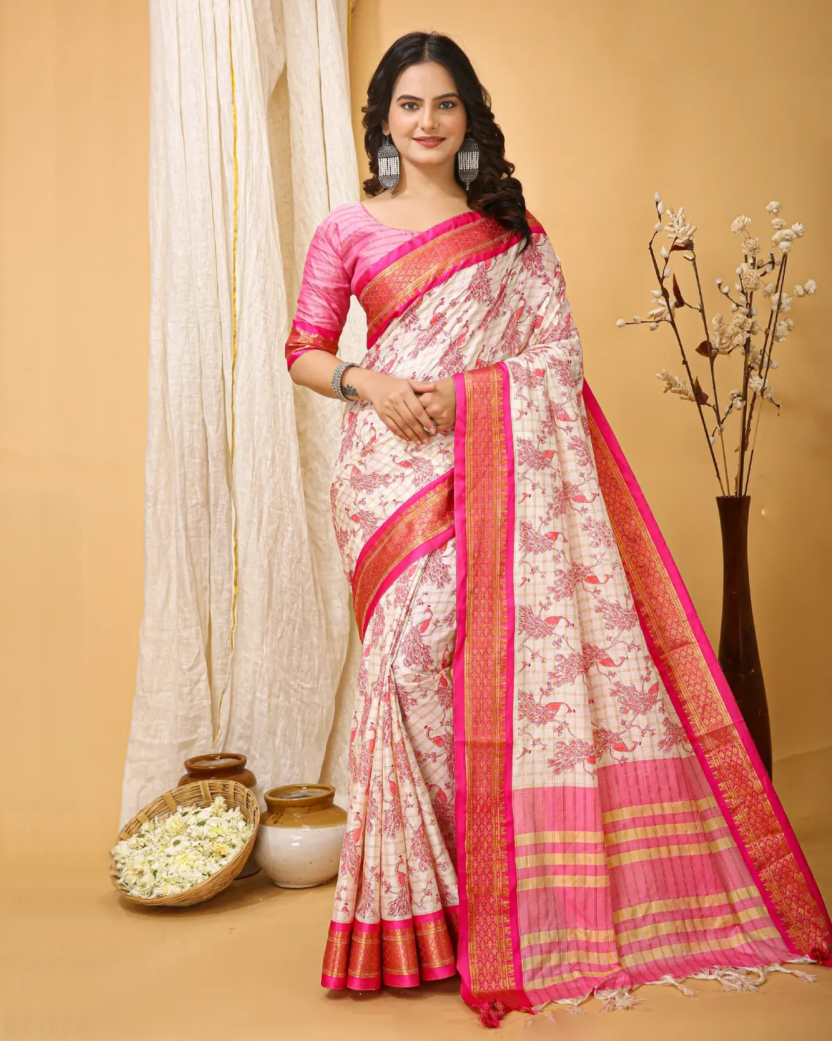 Heritage Print Banarasi Saree in Pure Cotton Silk with Zari