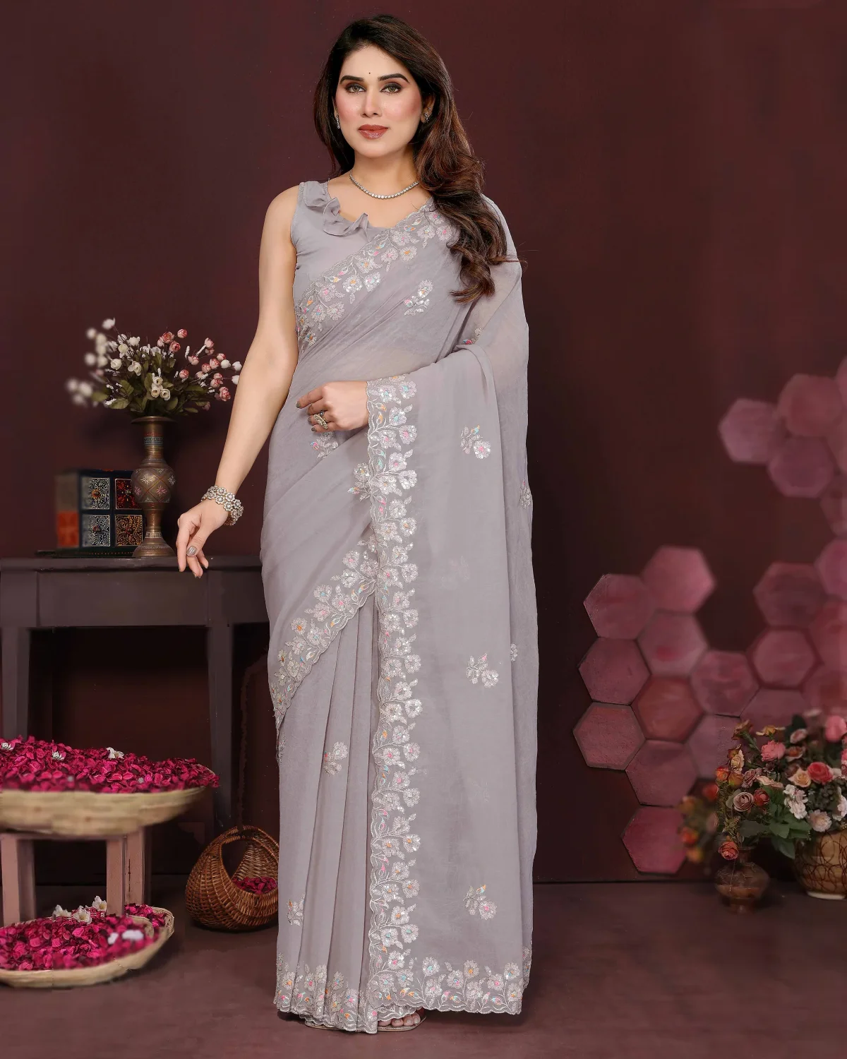 Party Georgette Silk Embroidered Saree with Designer Blouse