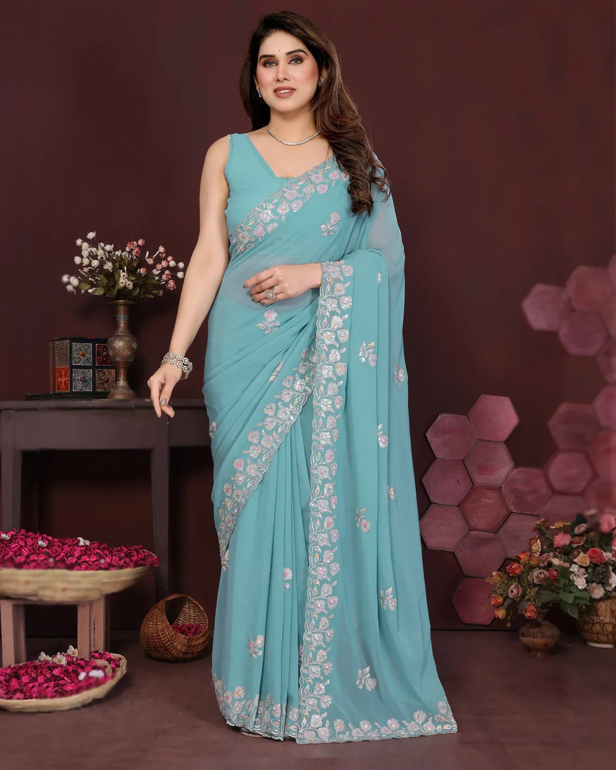 Party Georgette Silk Embroidered Saree with Designer Blouse