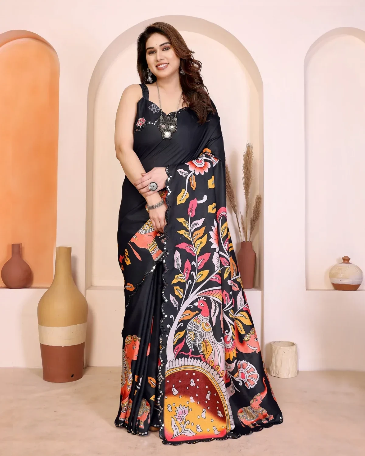 Festive Special Manipuri Silk Kalamkari Print Saree with Mirror Work Border