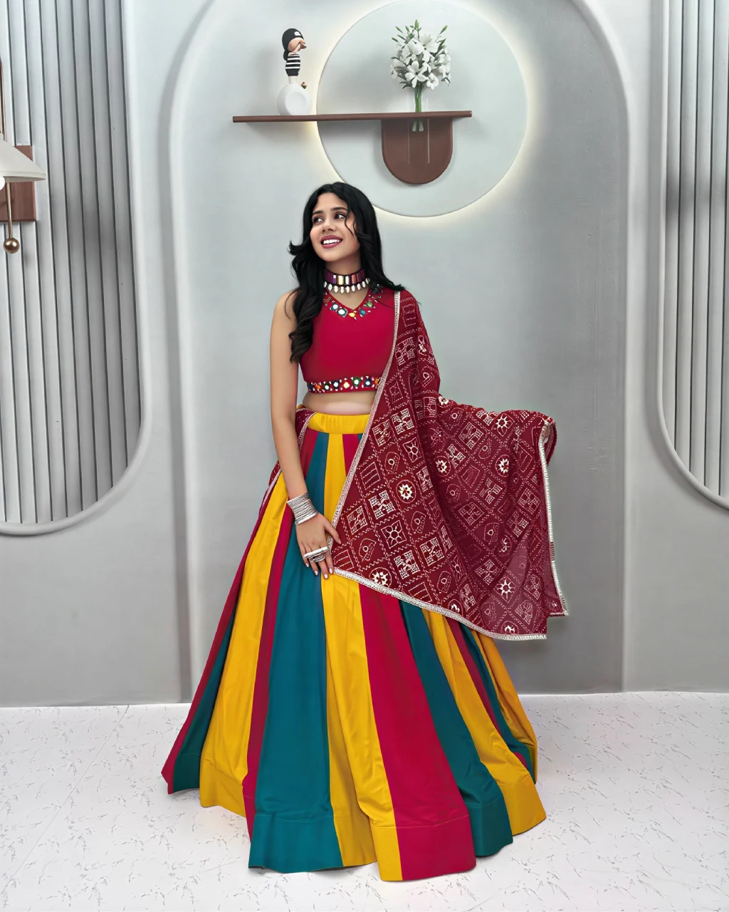 Multi Colour Pure Cotton Mirror Work Lehenga
