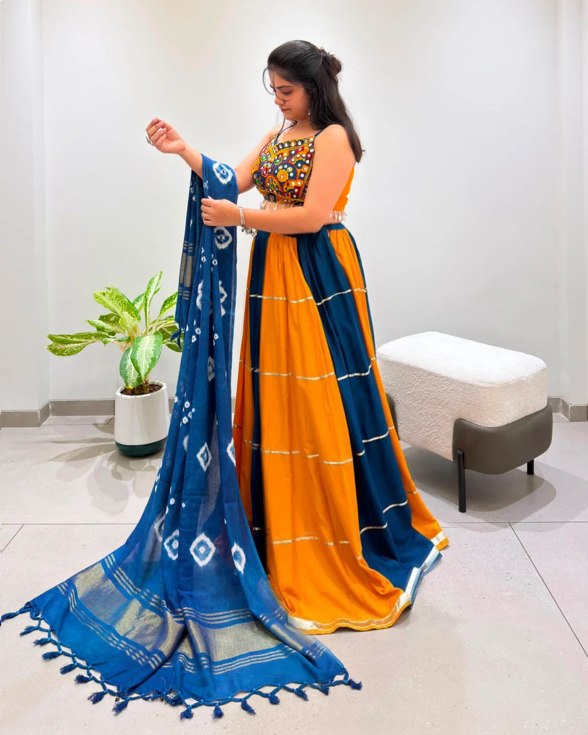 Dandiya Special Yellow Blue Rayon Gotta Patti Mirror Work Lehenga Choli