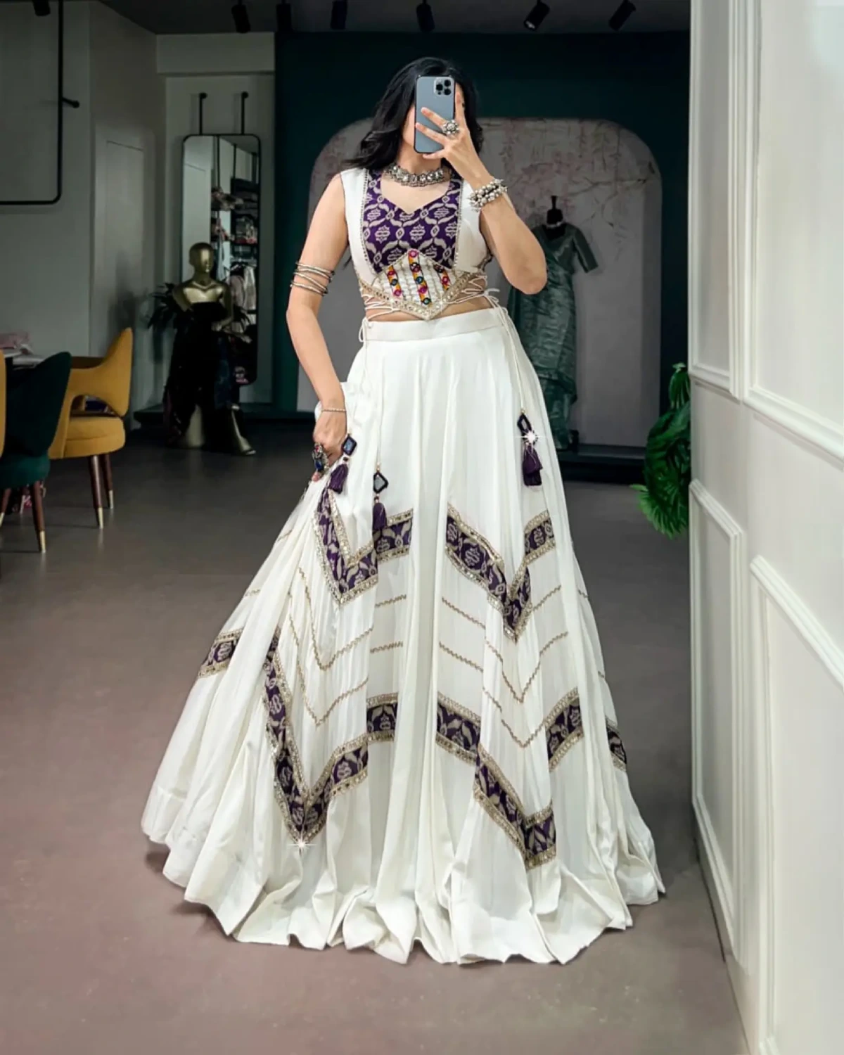 White Pure Rayon Gamthi Mirror Navratri Garba Chaniya Choli