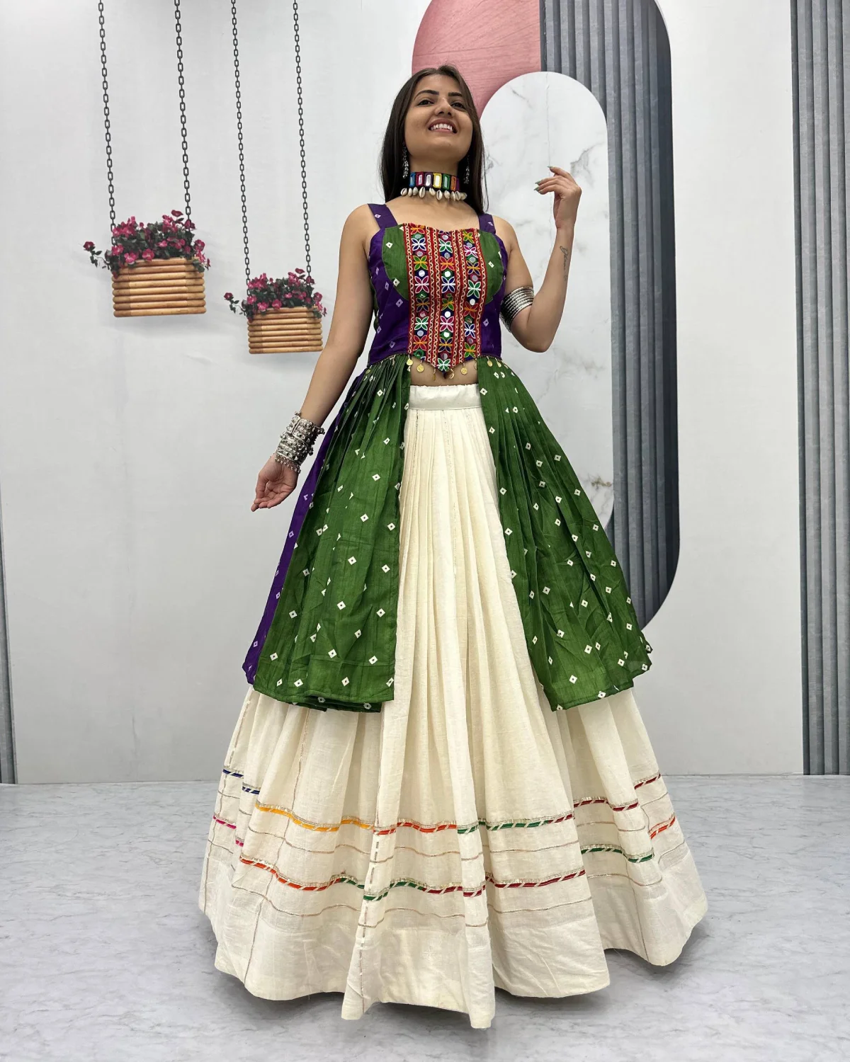 Navratri Special Bandhej Print Khadi Cotton Mirror Work Lehenga Choli