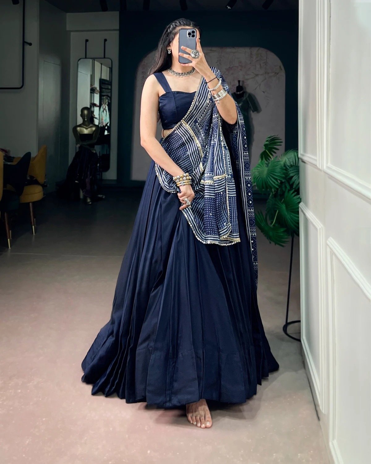 Navratri Special Moonga Silk Lehenga Choli with Mirror Lace Dupatta