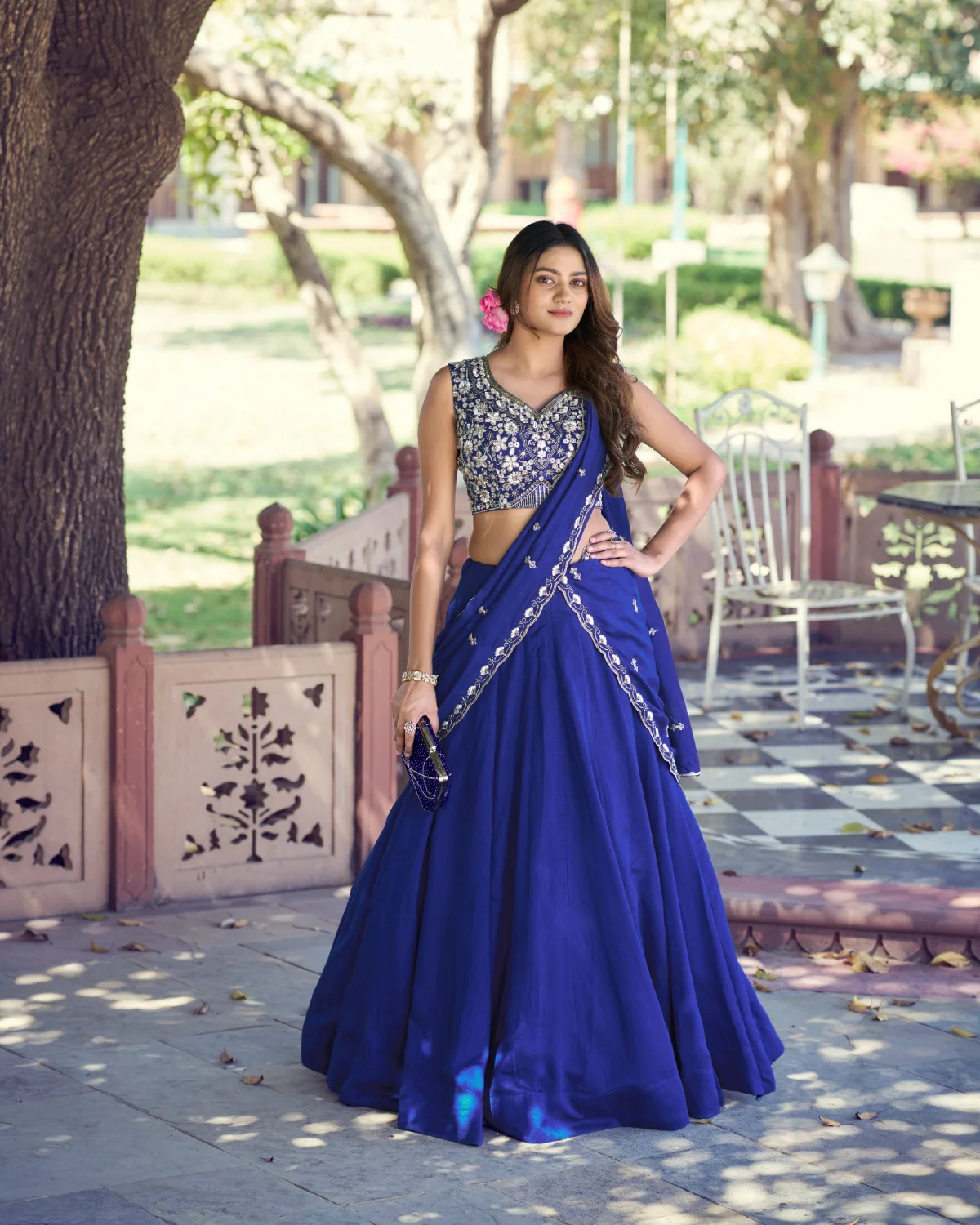 Festive Special Royal Blue P.C. Kashmiri Embroidered Lehenga Choli