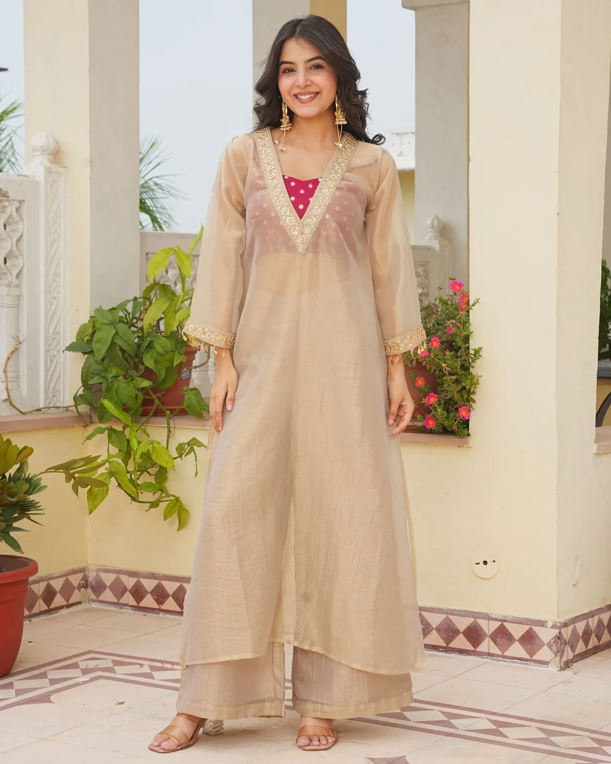 Festive Special Party Wear Golden Tissue Embroidered Kurta Palazzo Set