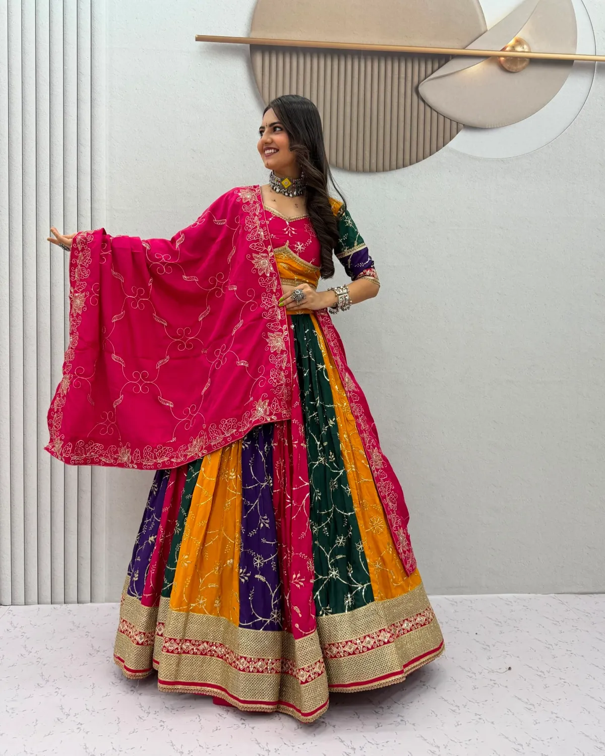 Navratri Special Multi Colour Milky Silk Embroidered Chaniya Choli