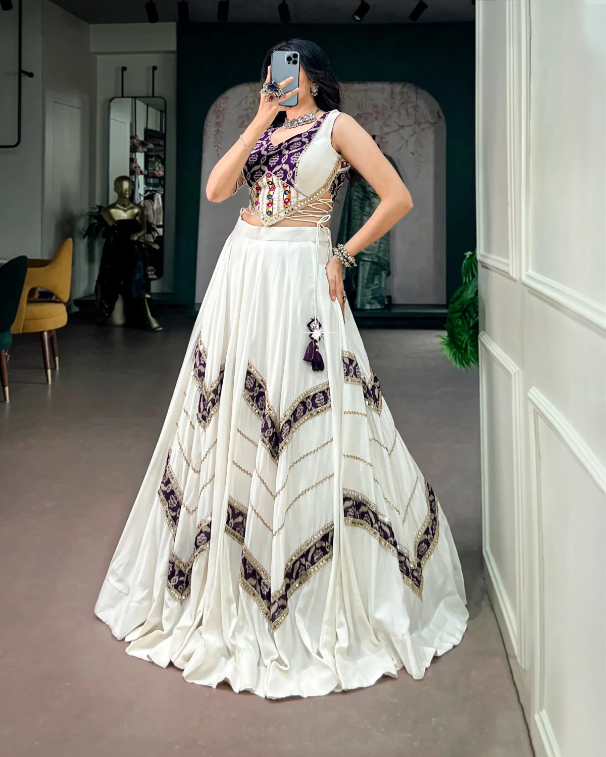 White Pure Rayon Gamthi Mirror Navratri Garba Chaniya Choli