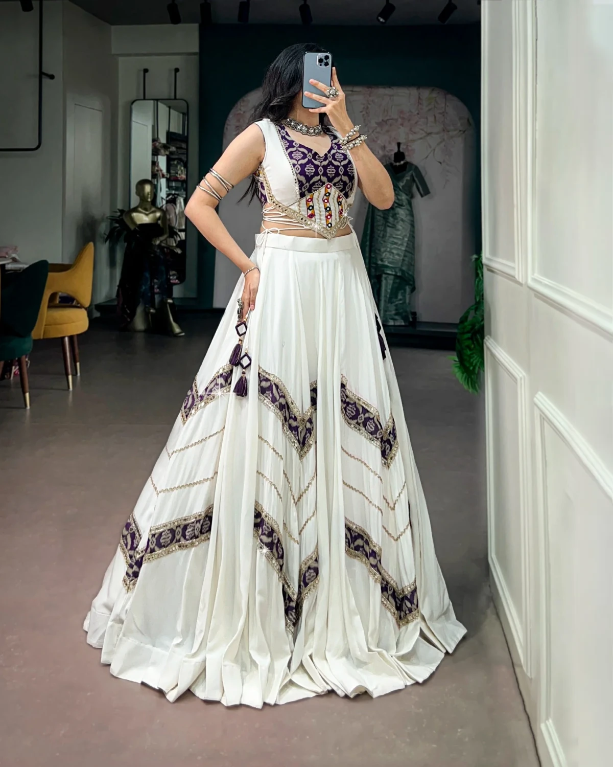White Pure Rayon Gamthi Mirror Navratri Garba Chaniya Choli