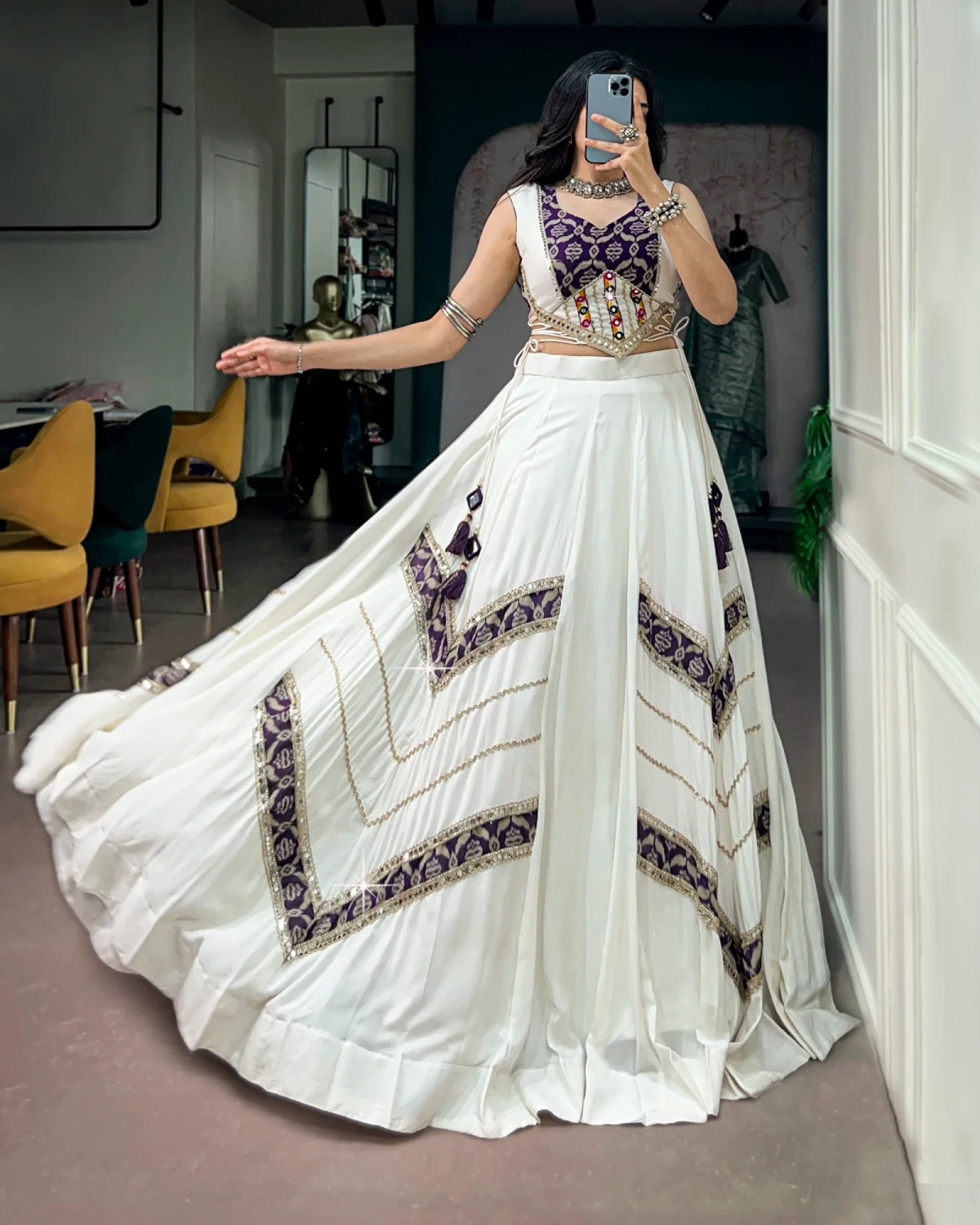 White Pure Rayon Gamthi Mirror Navratri Garba Chaniya Choli